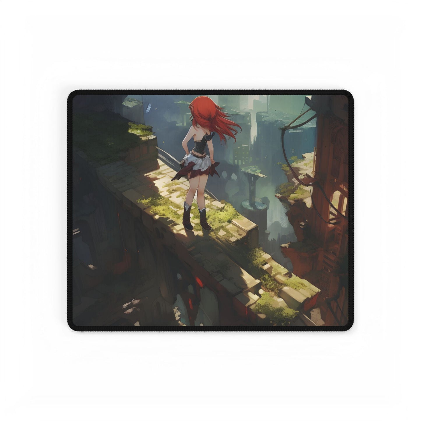 Dramatic Birds Eye View: Anime Red Haired Art in Flight - Desk Mat