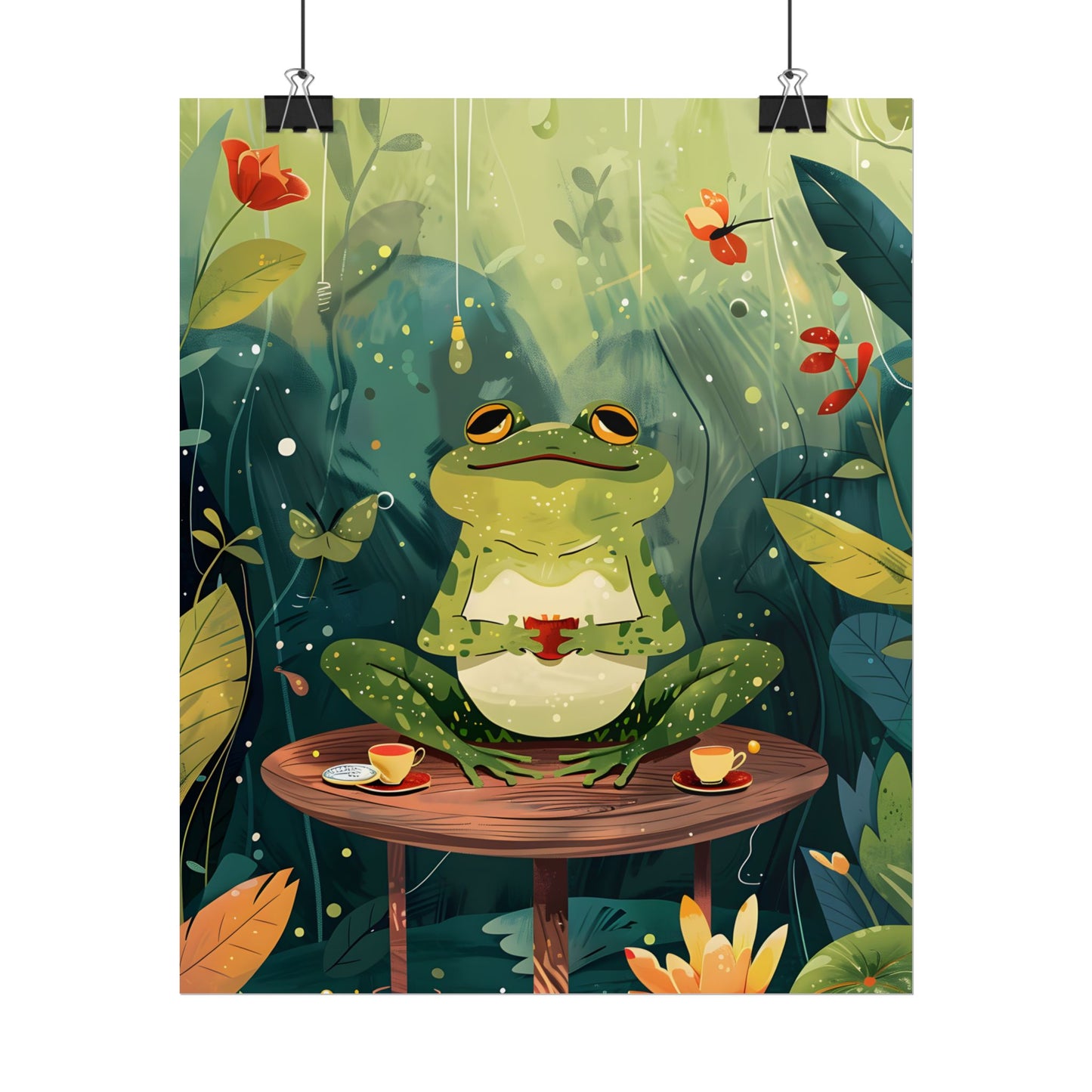 Whimsical Frog on Water: Playful Lily Pad Illustration - Poster