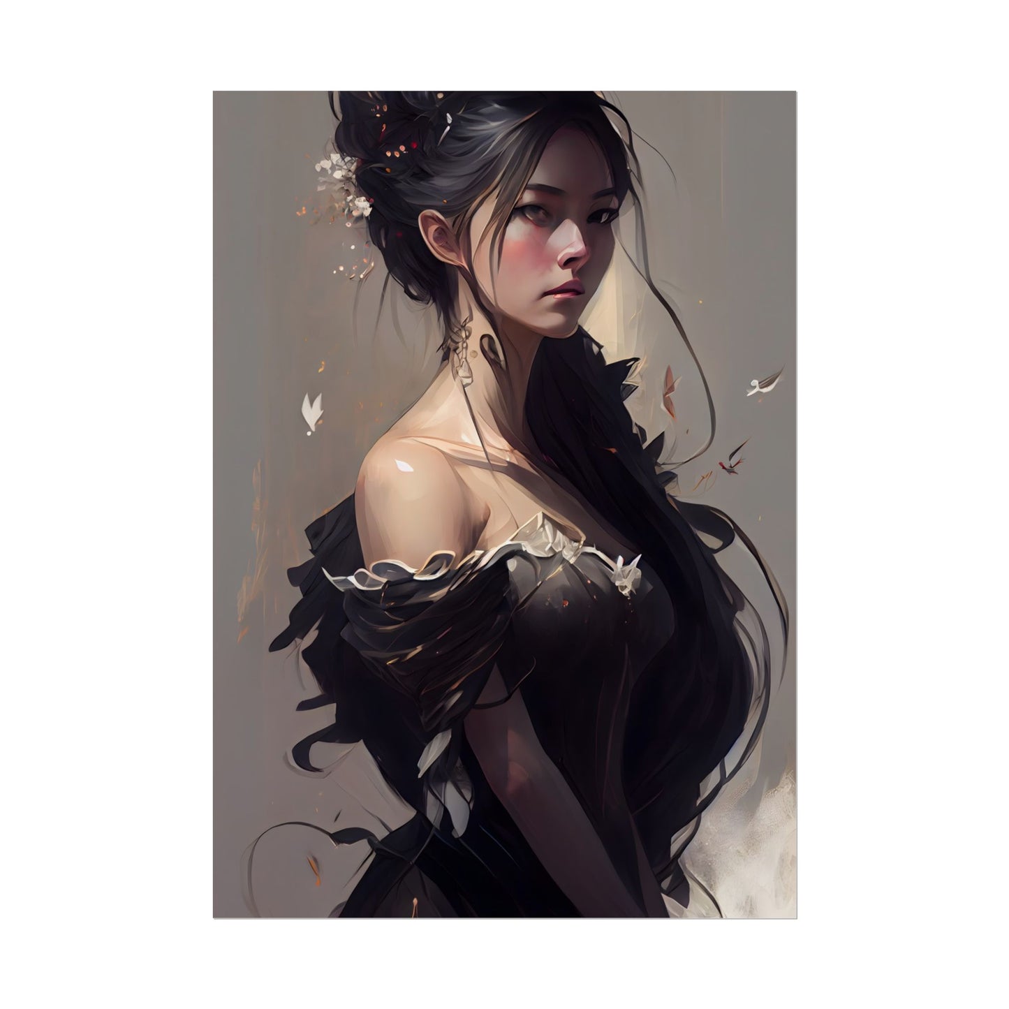 Elegant Black Hair Portrait: Beautiful Female in Dress Art - Poster