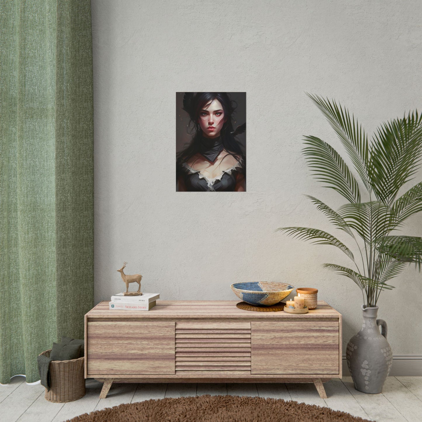 Female Portrait: Black Hair Artwork in Dark Background - Poster