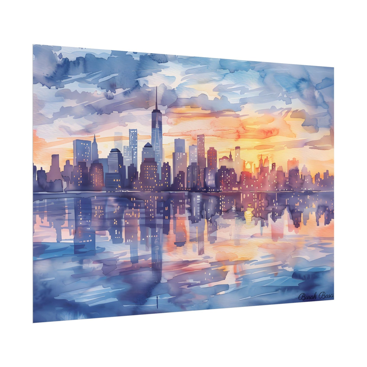 Watercolor New York City Sunset Skyline: Artistic NYC View - Poster