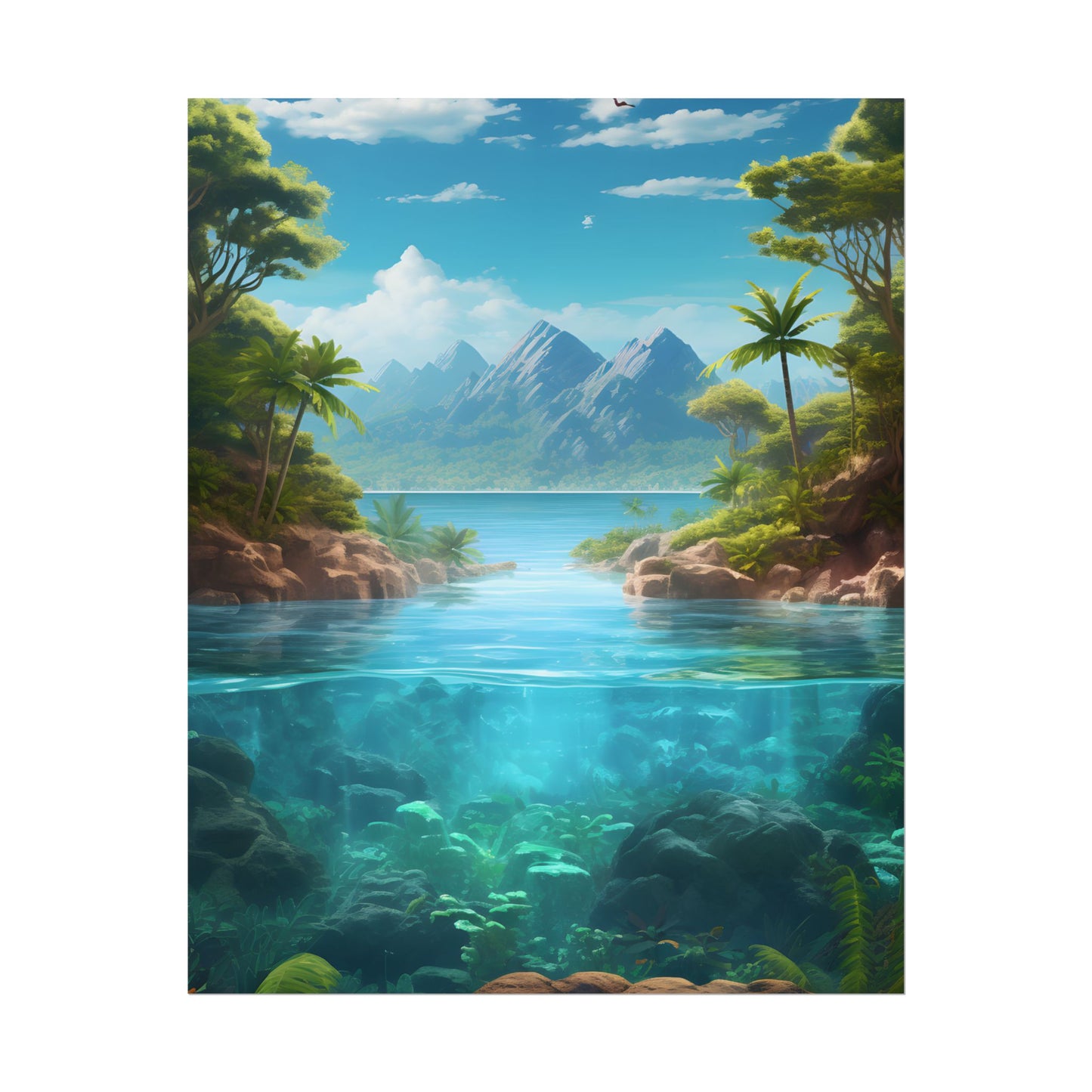 Tropical Tranquility: Serene Lagoon Island Art - Poster