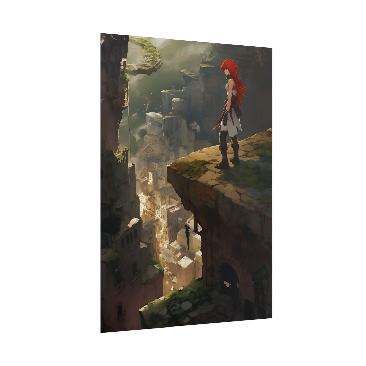 Anime Birds Eye View: Red Haired Female in Action Fantasy Scene - Poster