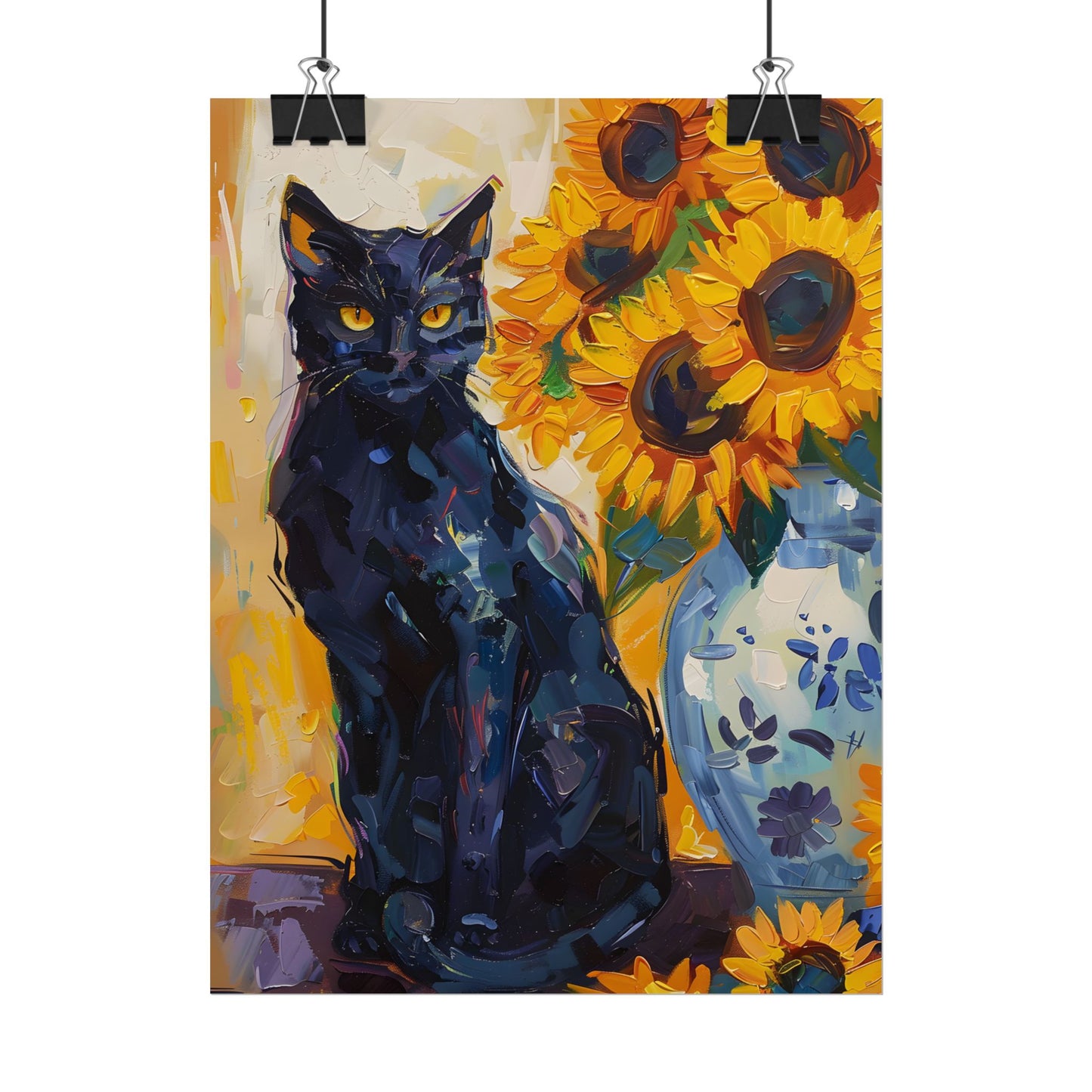 Whiskers by Sunshine: Black Cat in a Blooming Garden - Poster