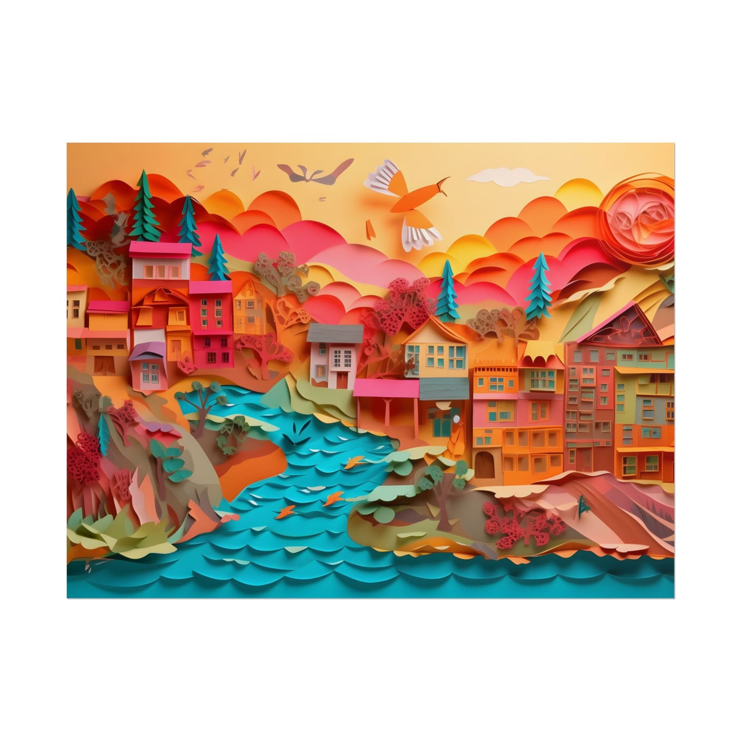 Magical Beach Quill: Vibrant Paper Art of Tropical Paradise - Poster