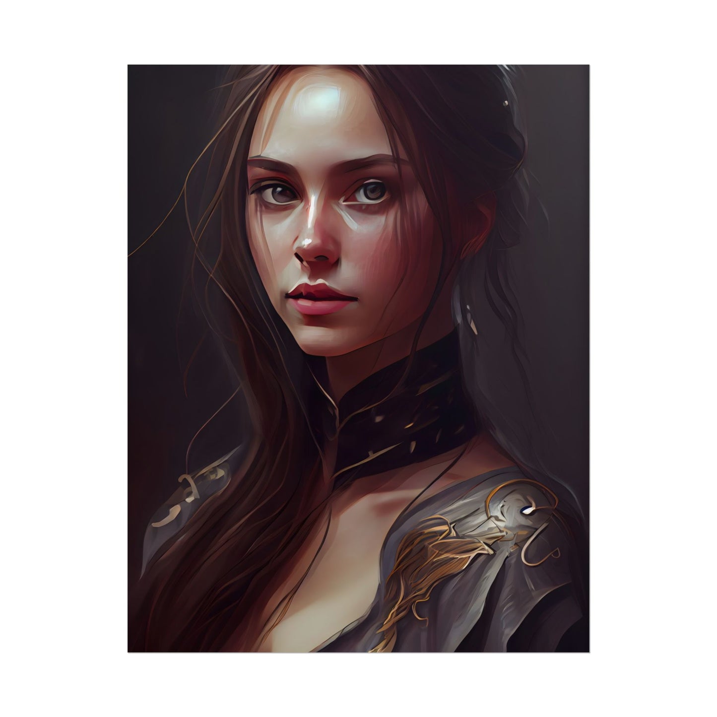 Elegant Indoor Portrait: Brown Hair Beauty - Poster