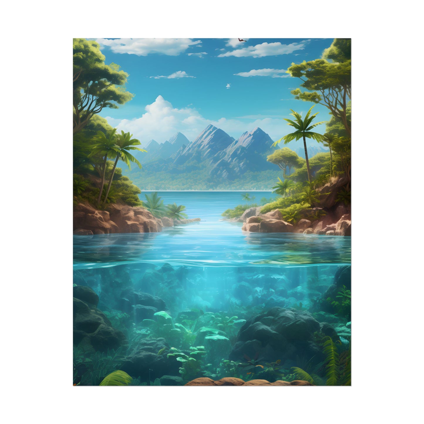 Tropical Tranquility: Serene Lagoon Island Art - Poster