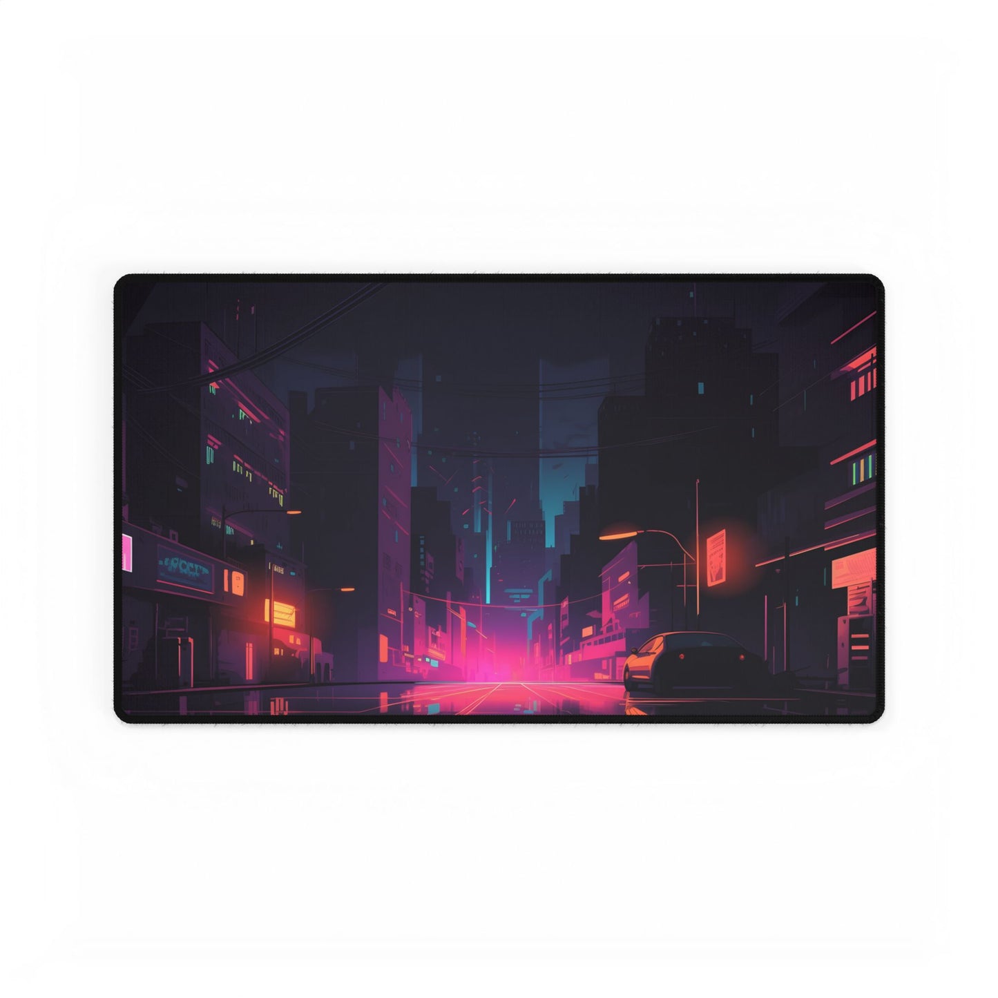 Cyberpunk Night: Moody Cityscape with Unique Architecture - Desk Mat