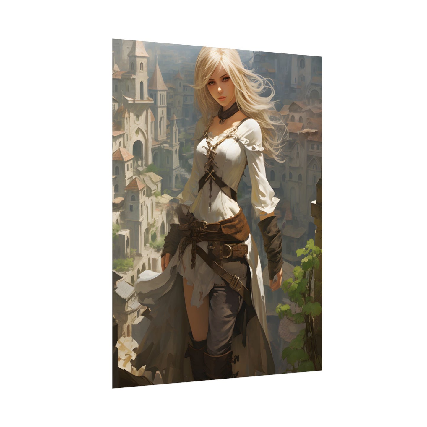 Anime Bird's Eye View Portrait: Blonde Beauty in Motion - Poster