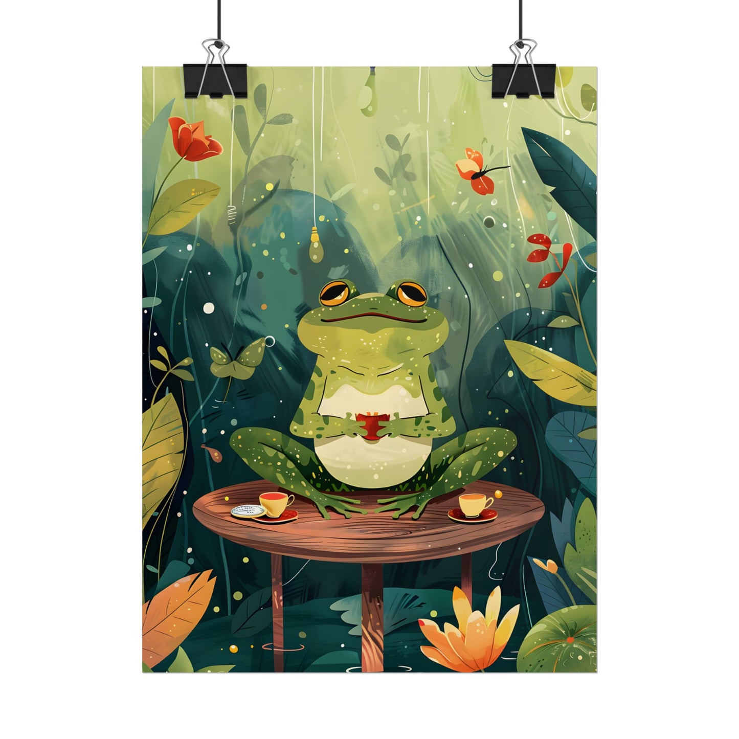 Whimsical Frog on Water: Playful Lily Pad Illustration - Poster