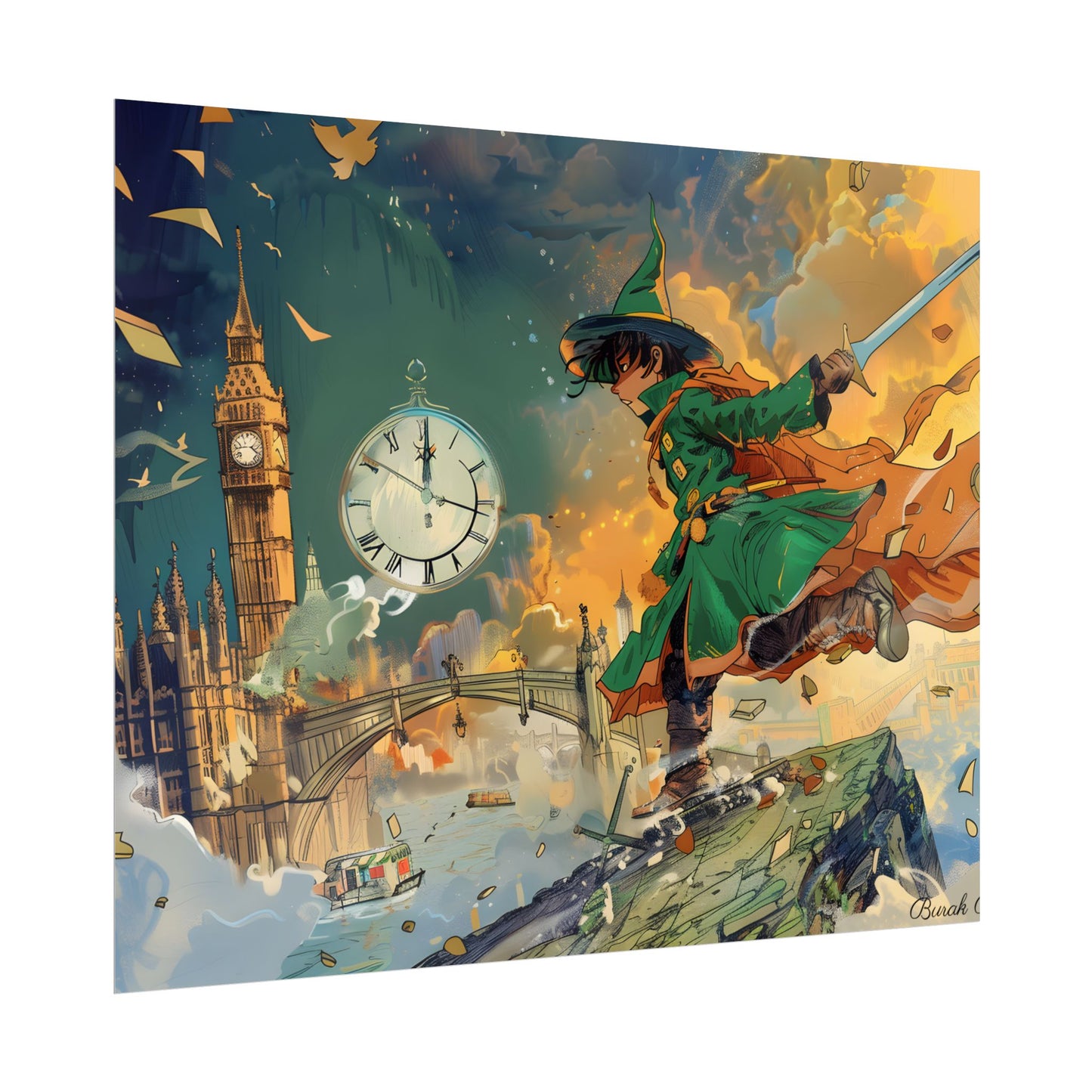 Whimsical Green Tunic Boy: Mischievous Illustration - Poster