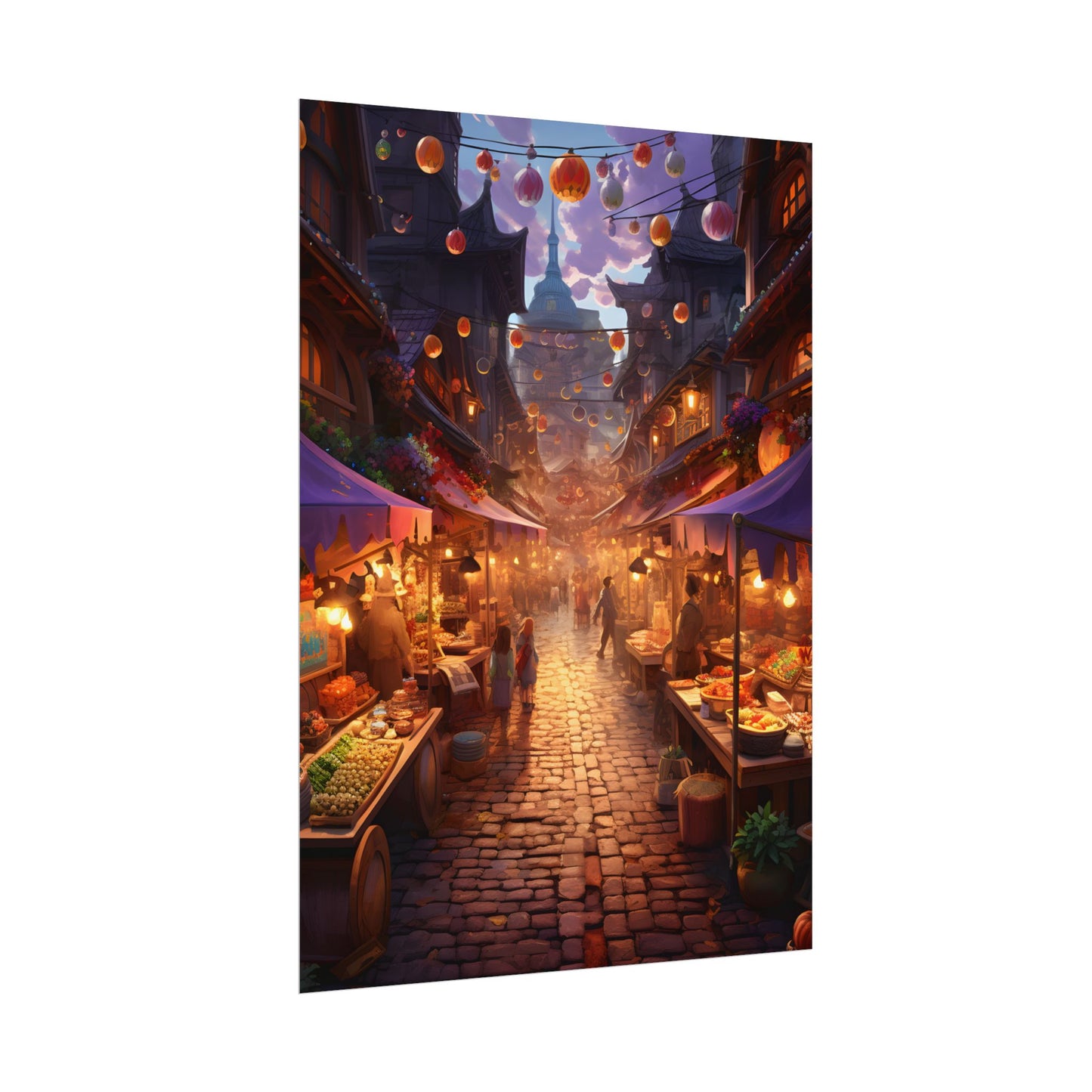 Magical Street Food Market: Vibrant Enchanted Scene Art - Poster