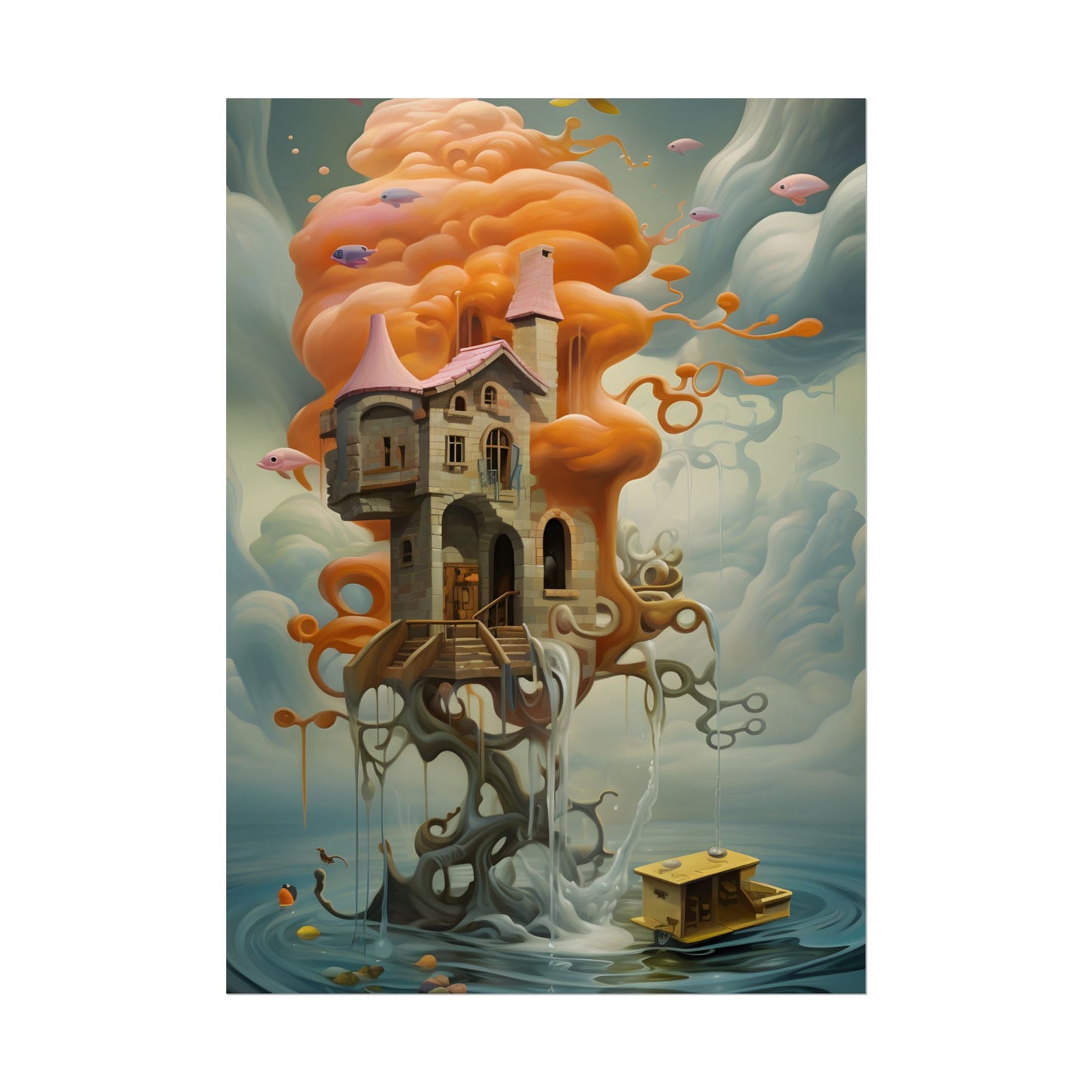 Surreal Dreamscape: Orange Mushroom in Psychedelic Landscape - Poster