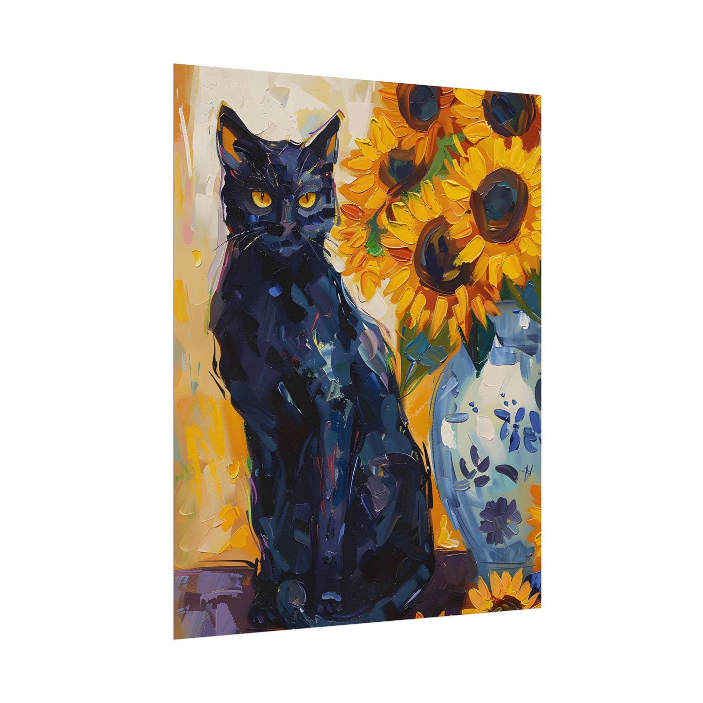 Whiskers by Sunshine: Black Cat in a Blooming Garden - Poster