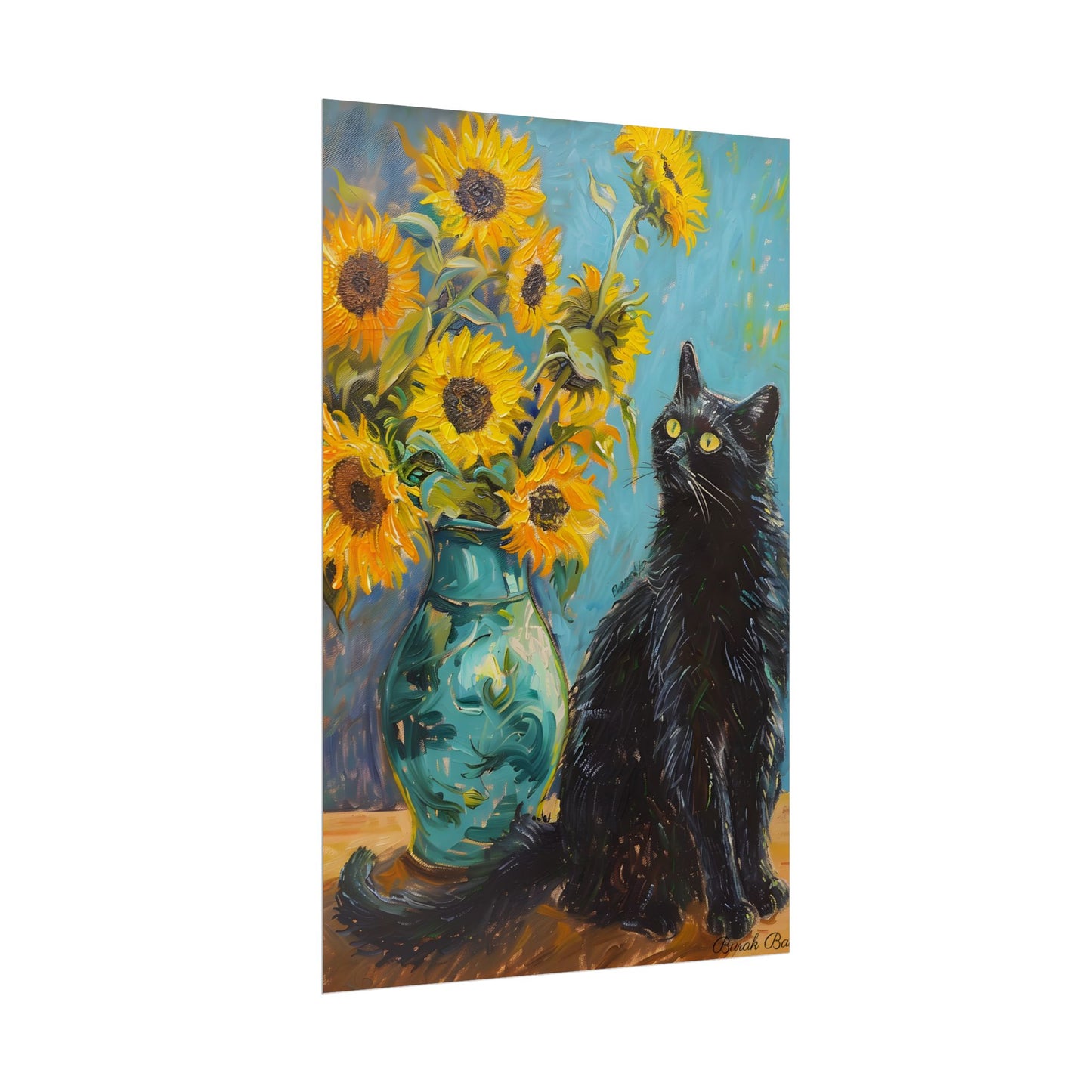 Whispers in the Garden: A Black Cat Among Sunflowers - Poster