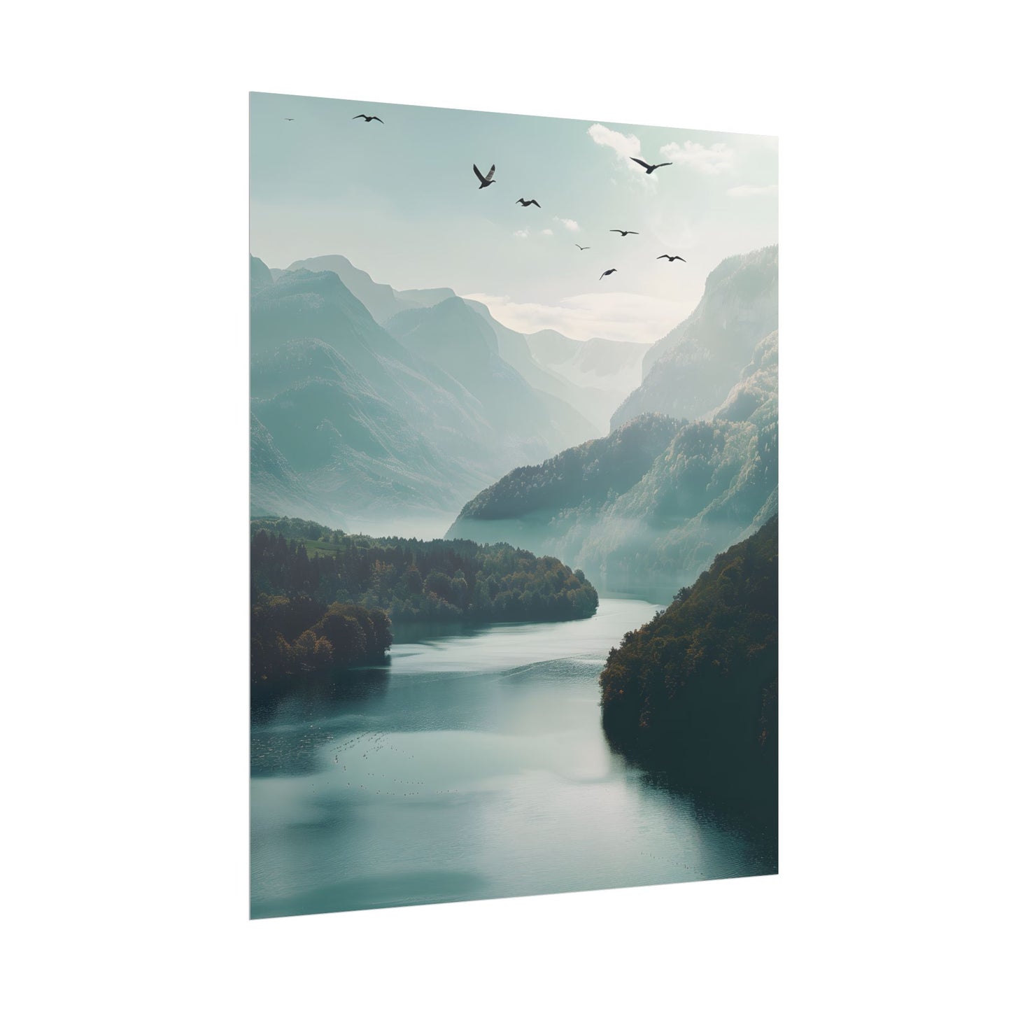 Explore Serene Mountains and Lake: Aerial Perspective Digital Art - Poster