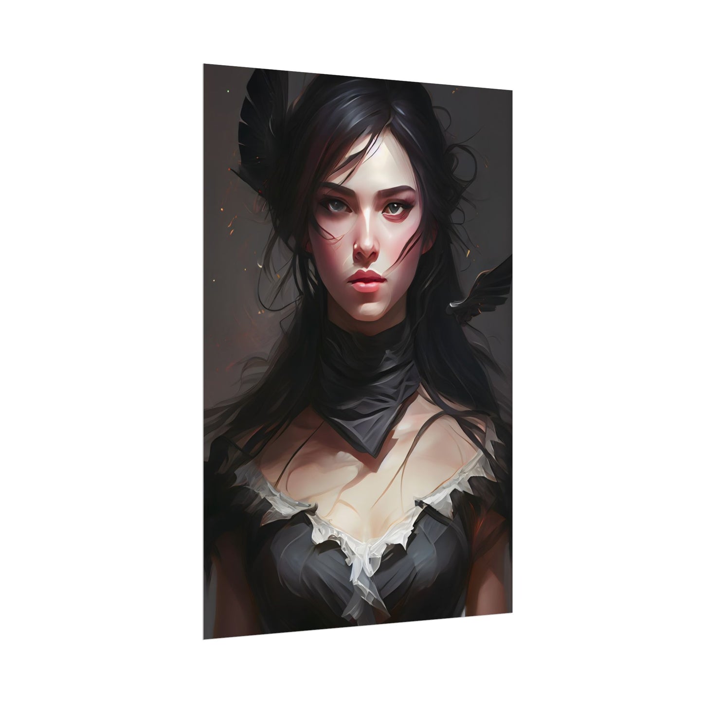 Female Portrait: Black Hair Artwork in Dark Background - Poster