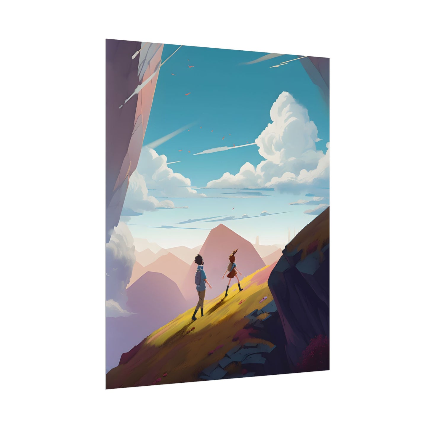 Young Boy and Girl on Cloudy Meadow: Outdoor Landscape Art - Poster