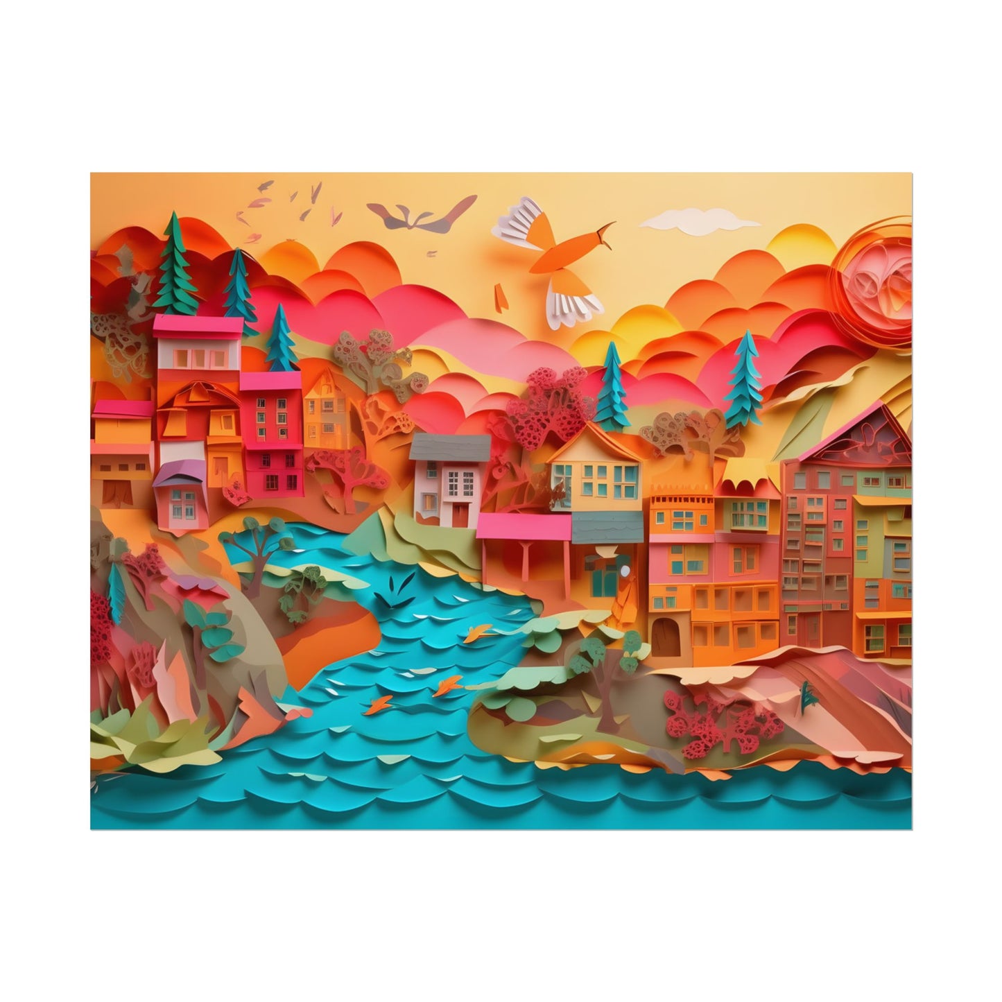 Magical Beach Quill: Vibrant Paper Art of Tropical Paradise - Poster