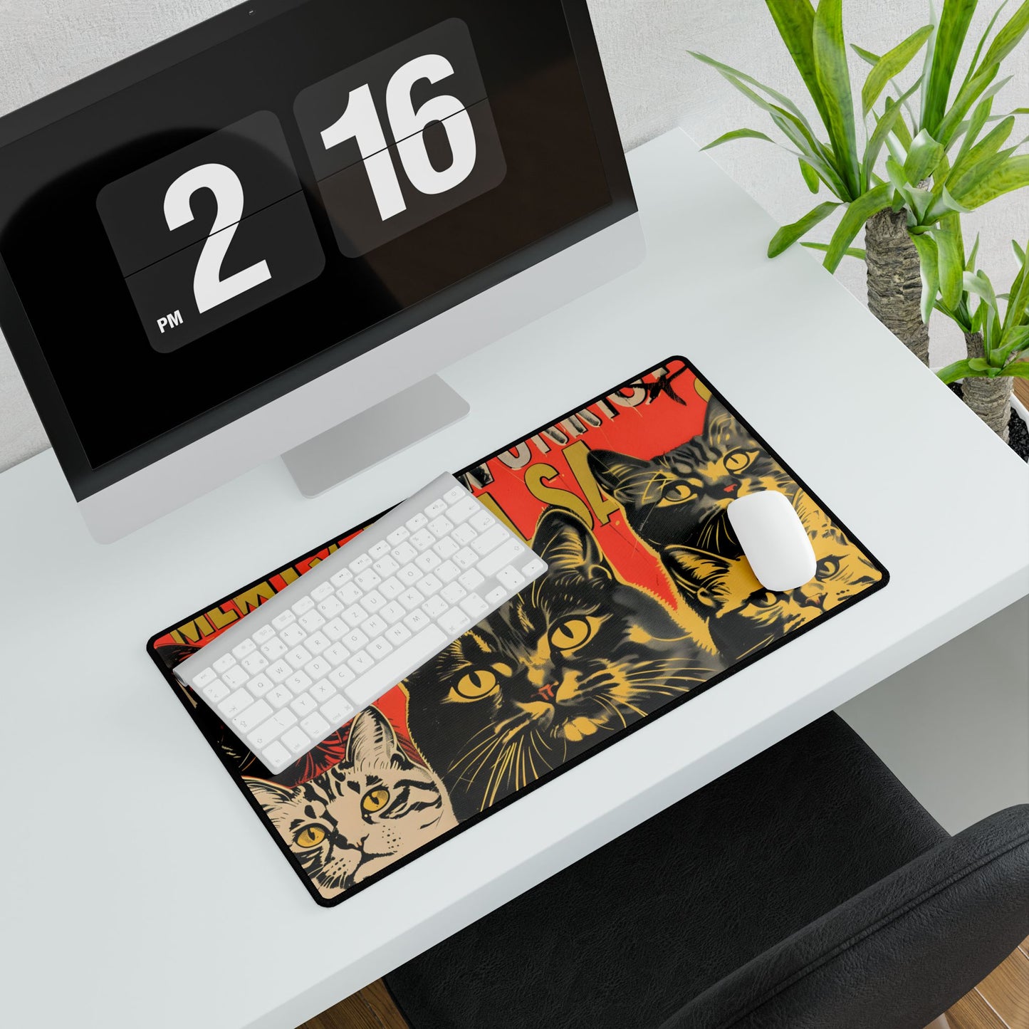 Whisked Away: A Soviet-Inspired Poster Featuring Multiple Feline Friends - Desk Mat