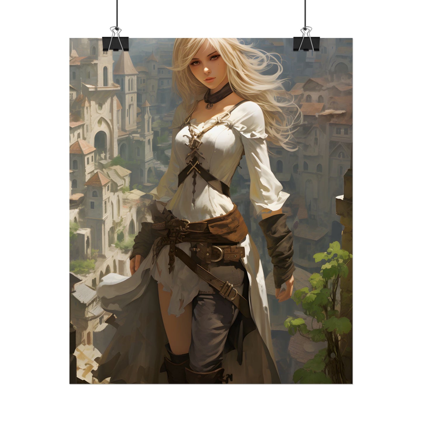 Anime Bird's Eye View Portrait: Blonde Beauty in Motion - Poster