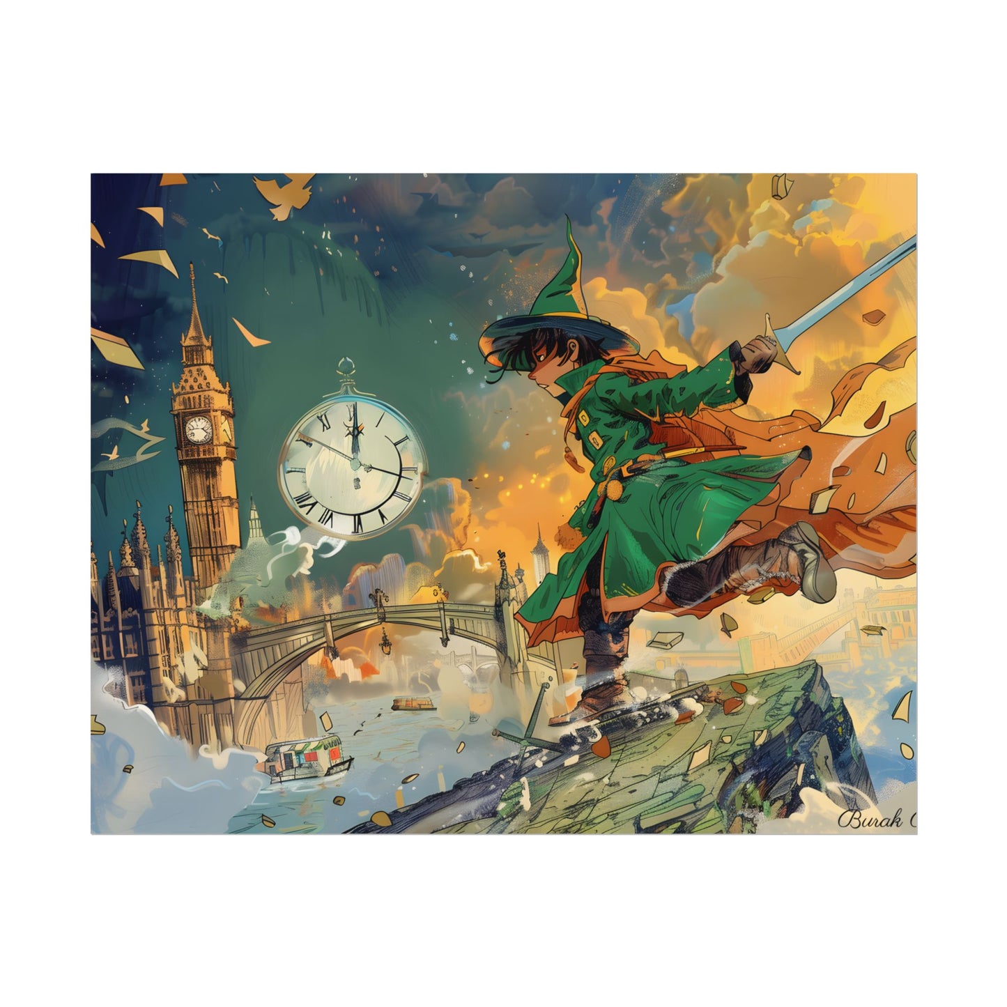 Whimsical Green Tunic Boy: Mischievous Illustration - Poster