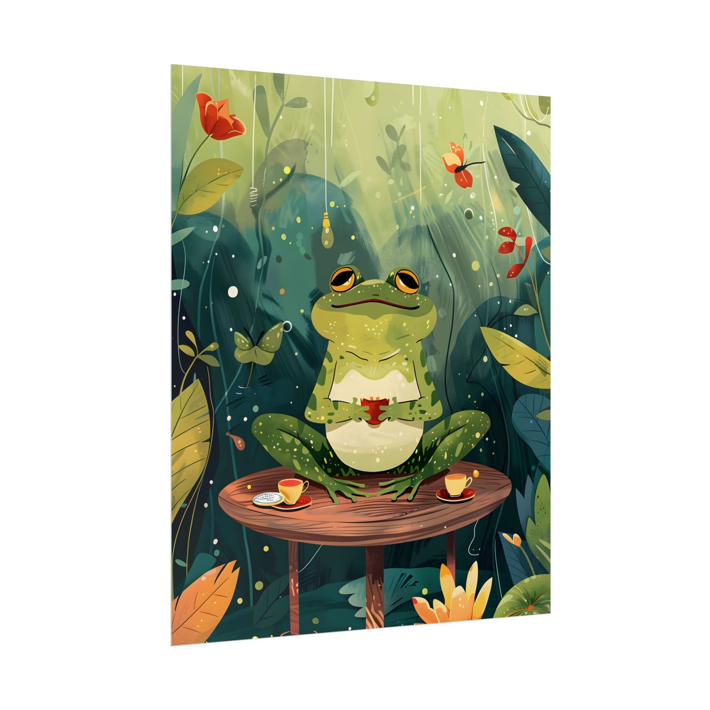 Whimsical Frog on Water: Playful Lily Pad Illustration - Poster