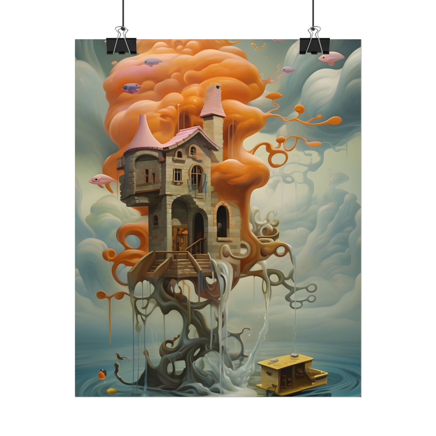 Surreal Dreamscape: Orange Mushroom in Psychedelic Landscape - Poster