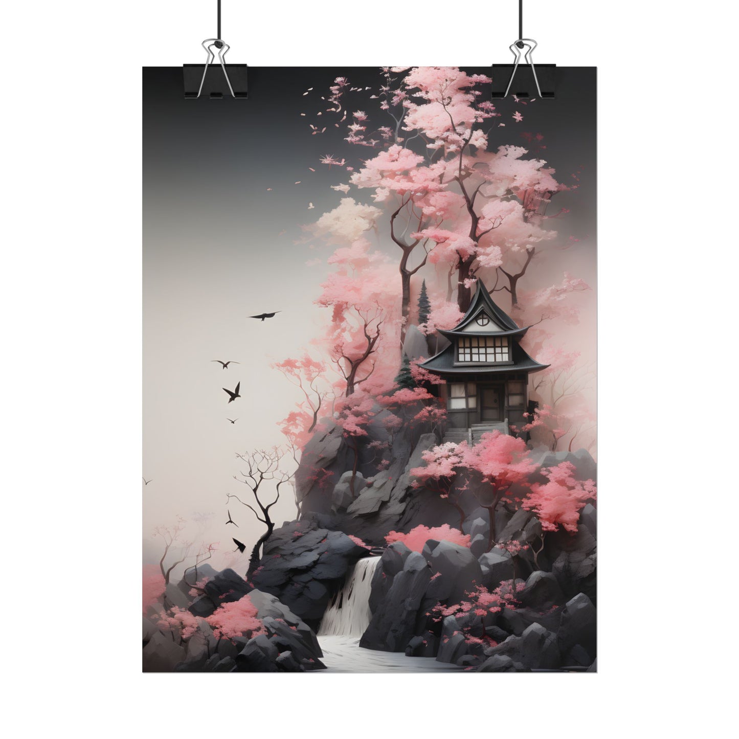 Ash Magenta Masterpiece: Rugged Landscape with Moss Green Forest - Poster