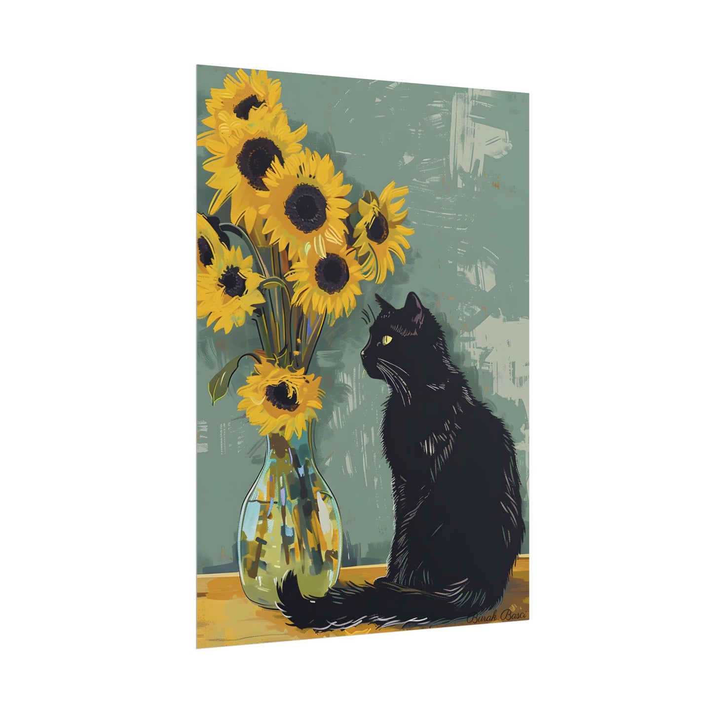 Whispers in the Sun: A Black Cat's Serene Moment with Sunflowers - Poster