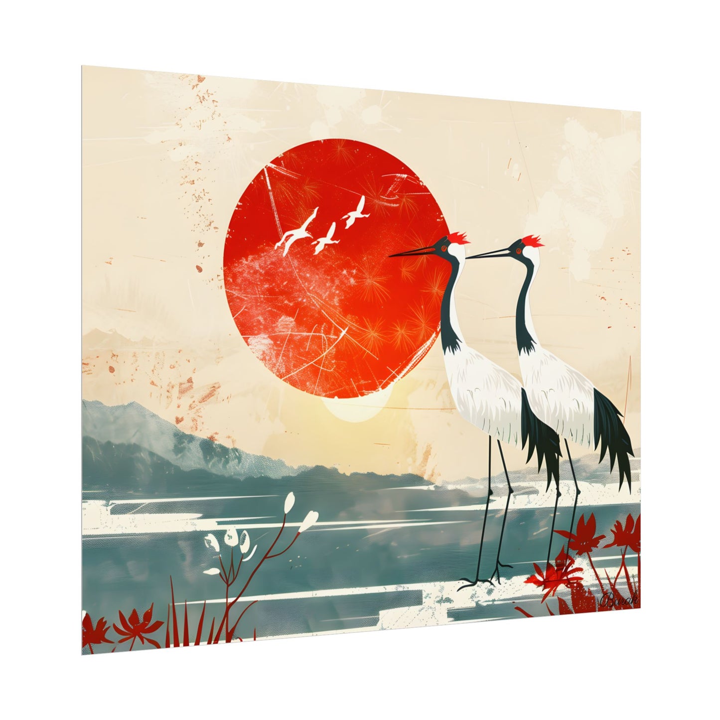 Serene Crane Landscape: Two Industrial Cranes in Nature - Poster