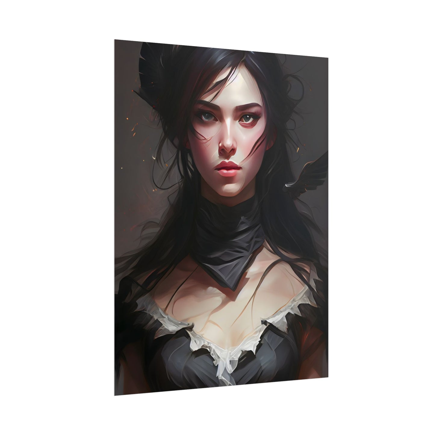 Female Portrait: Black Hair Artwork in Dark Background - Poster