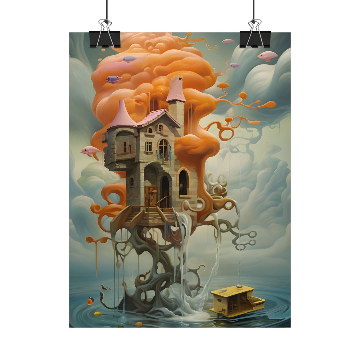 Surreal Dreamscape: Orange Mushroom in Psychedelic Landscape - Poster