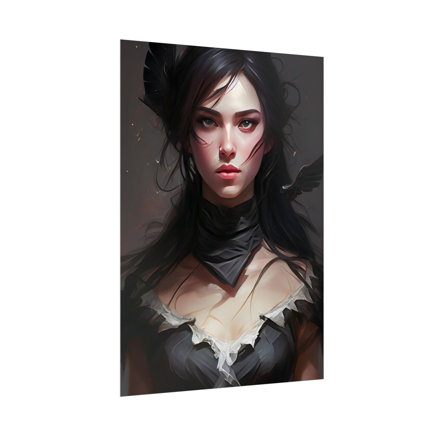 Female Portrait: Black Hair Artwork in Dark Background - Poster