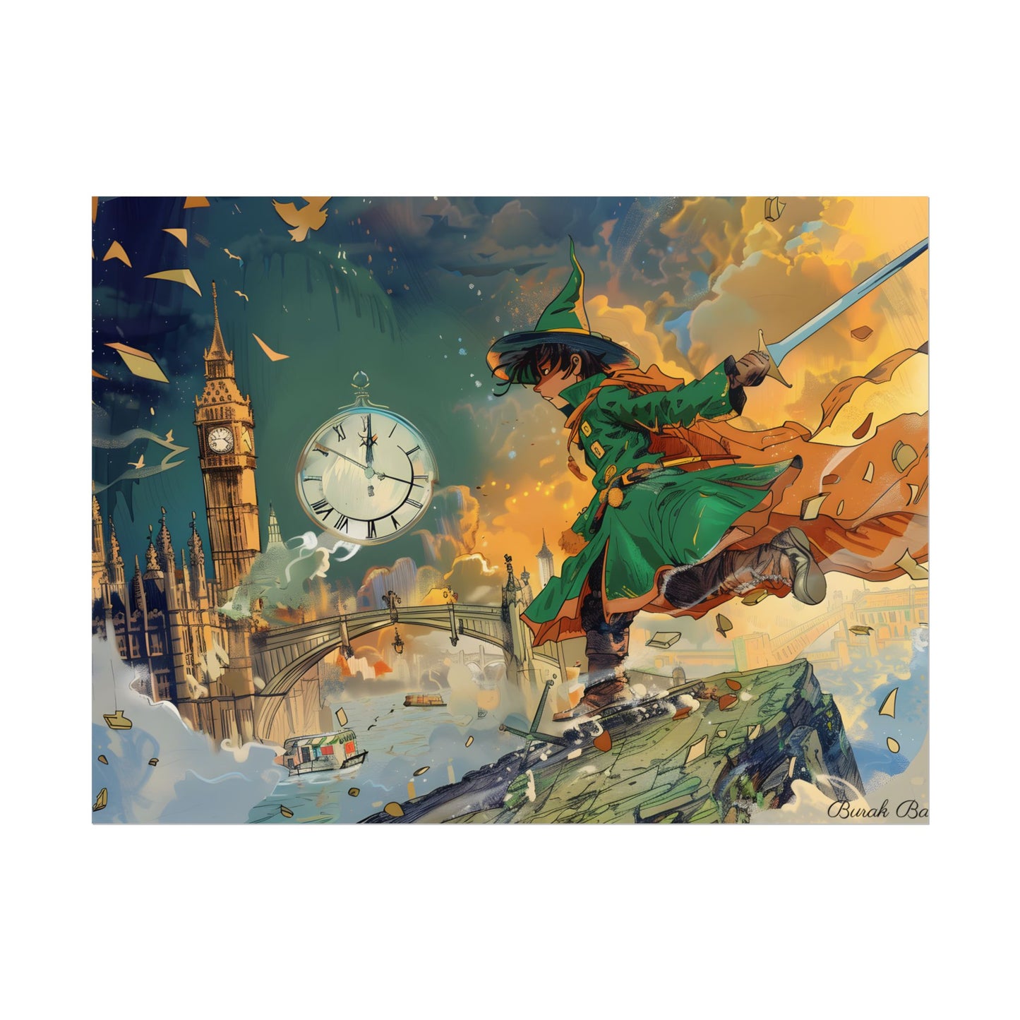 Whimsical Green Tunic Boy: Mischievous Illustration - Poster