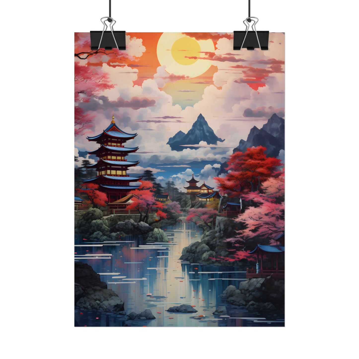 Wonderful Japanese River Scene with Serene Flowers - Poster