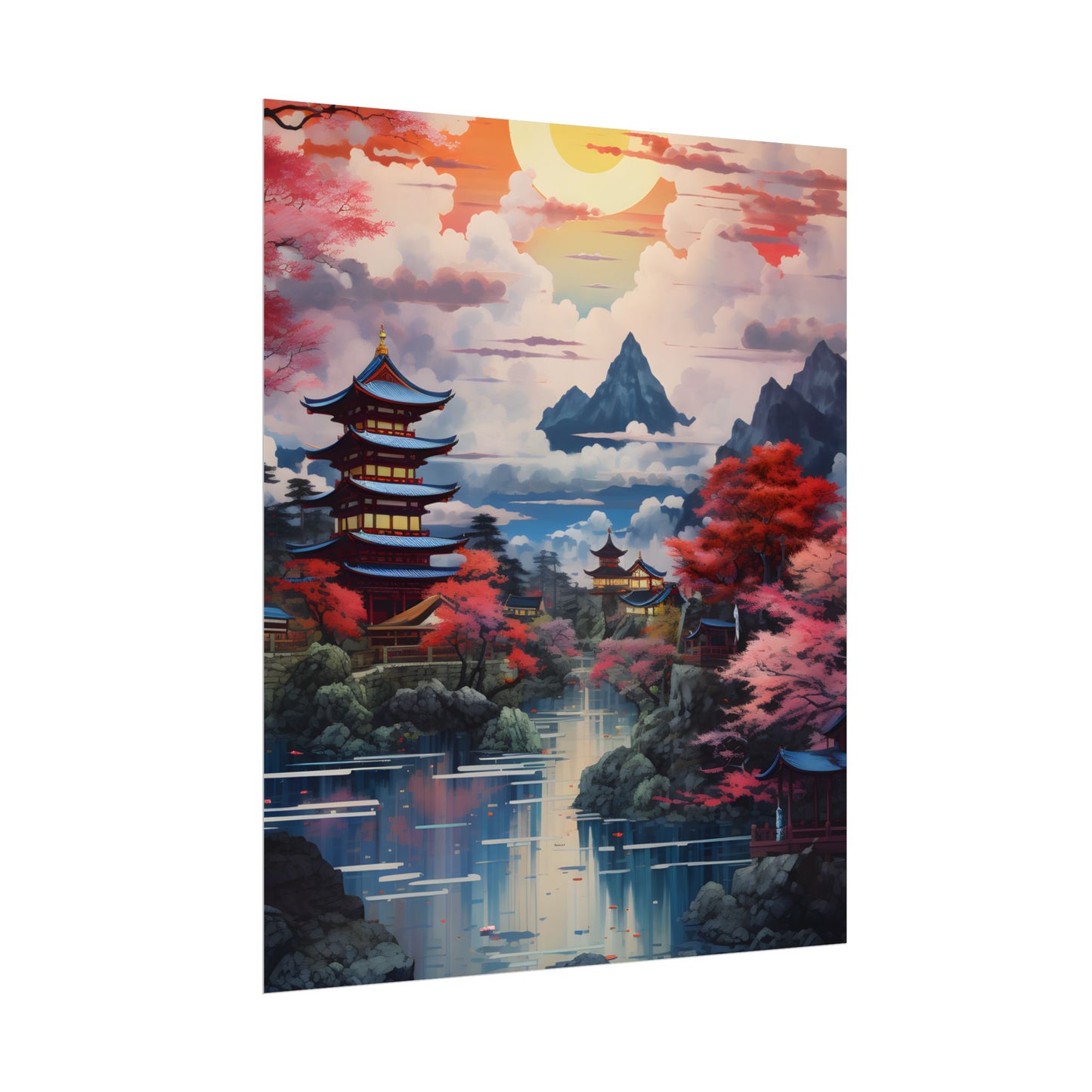 Wonderful Japanese River Scene with Serene Flowers - Poster