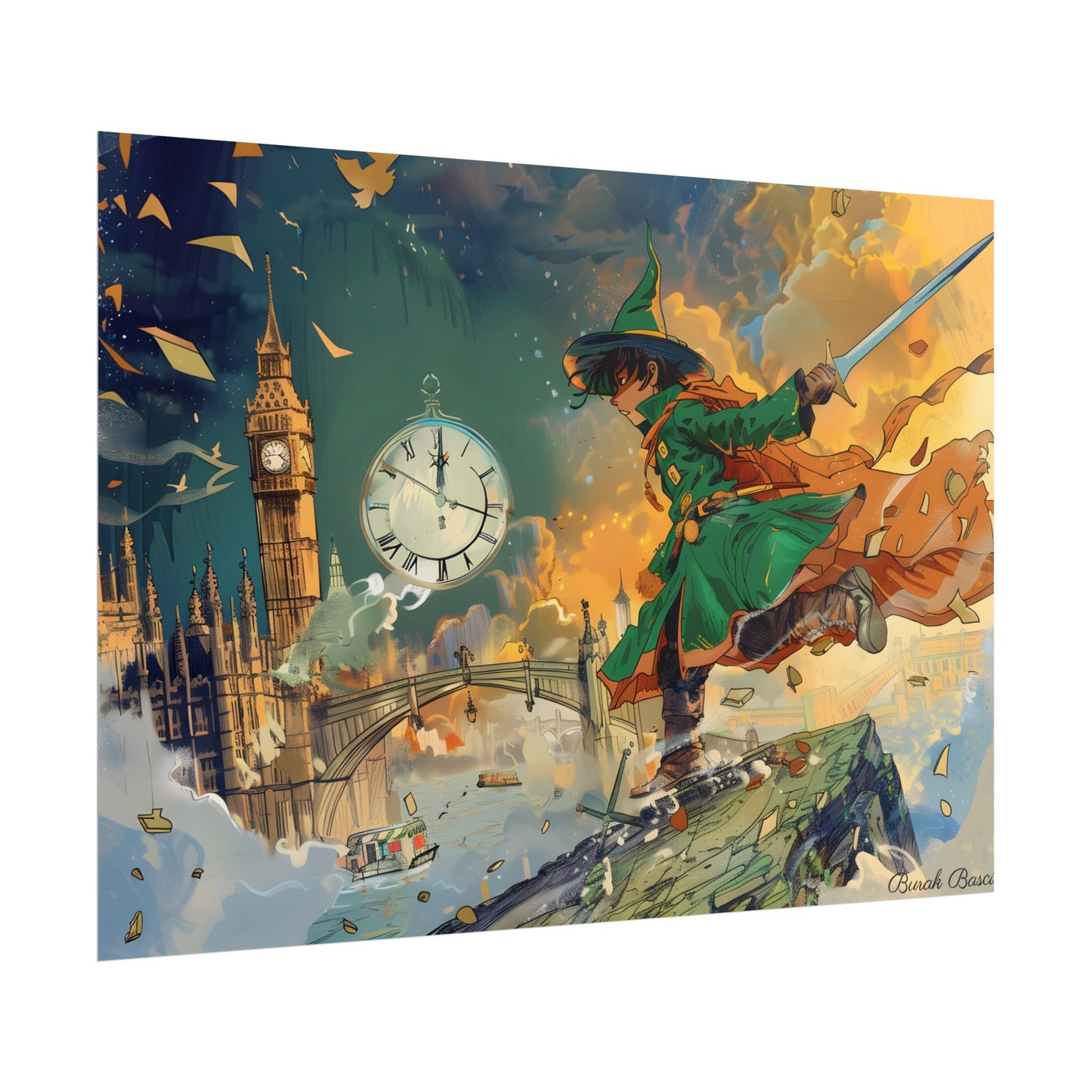 Whimsical Green Tunic Boy: Mischievous Illustration - Poster