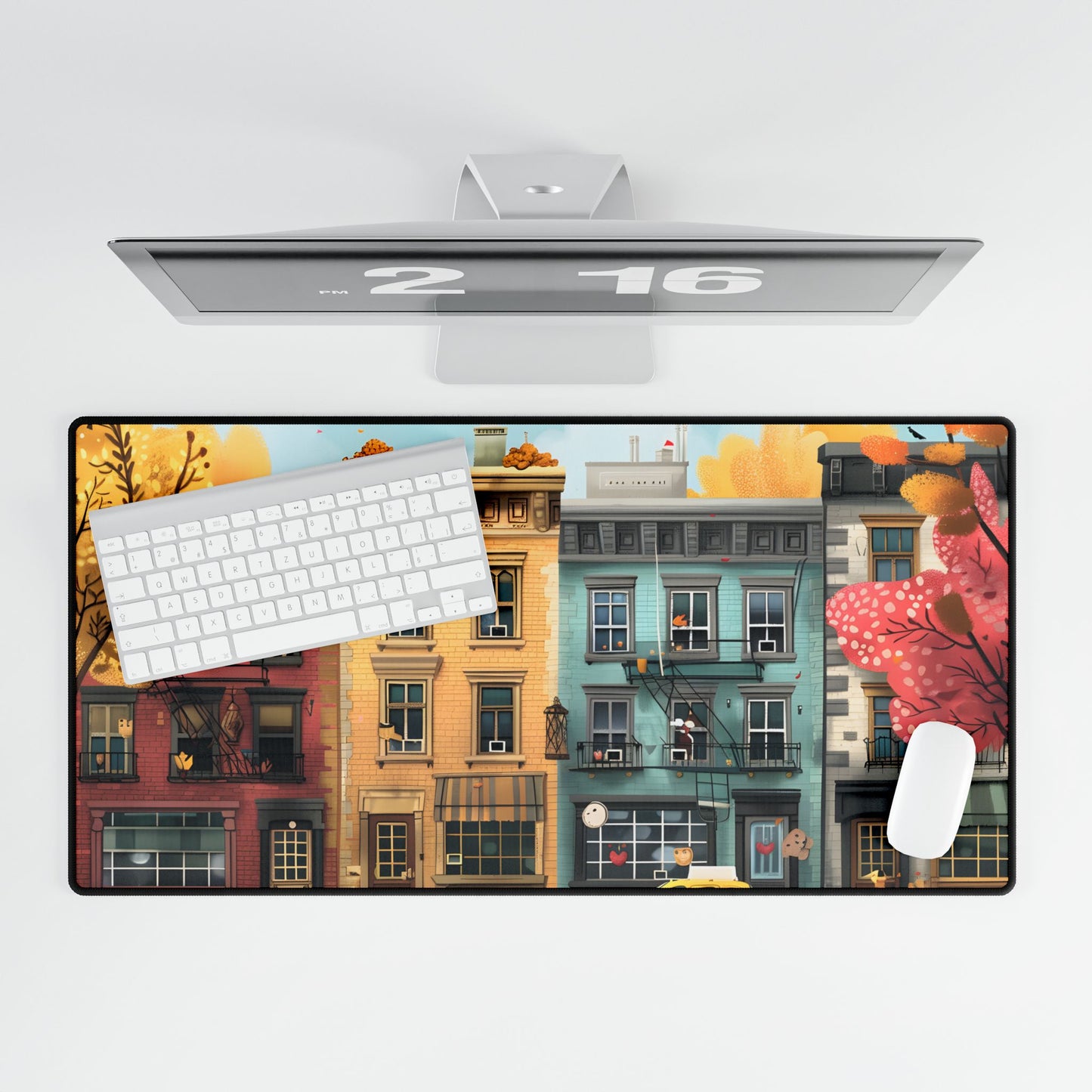Whimsical Wonder: Playful Yellow Building Illustration - Desk Mat