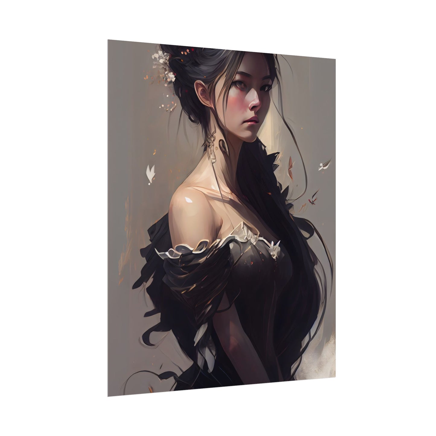 Elegant Black Hair Portrait: Beautiful Female in Dress Art - Poster