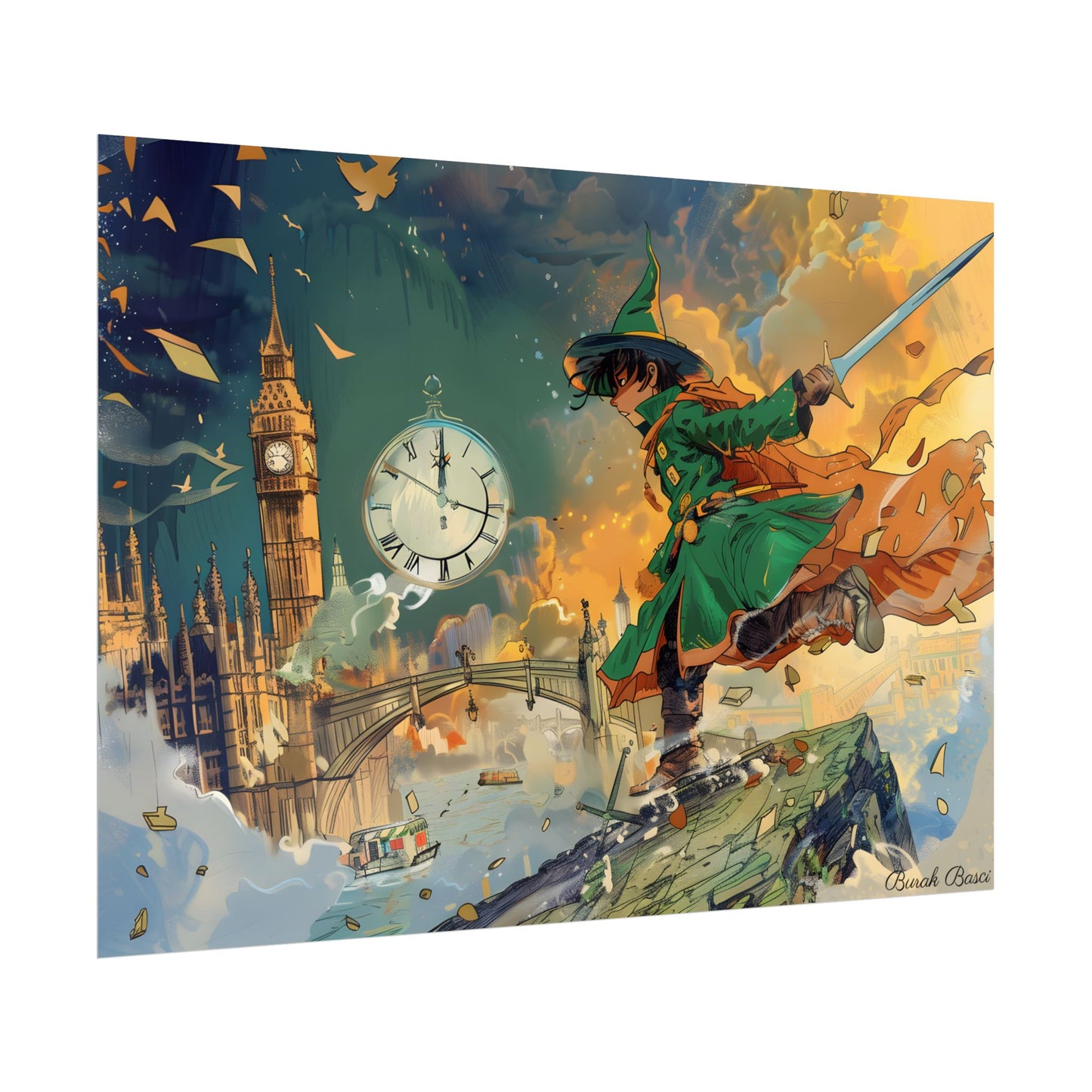 Whimsical Green Tunic Boy: Mischievous Illustration - Poster