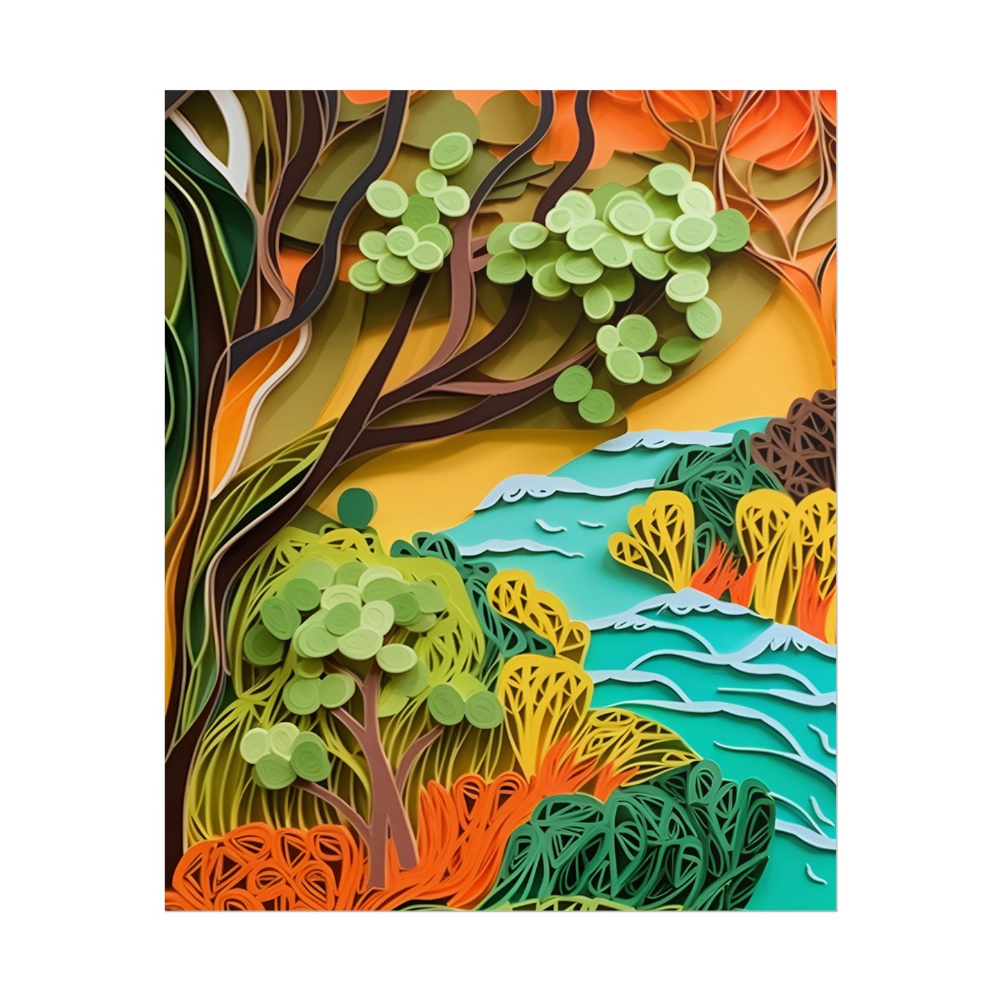 African Paper Quilled Landscape: Artwork in Brown and Green - Poster
