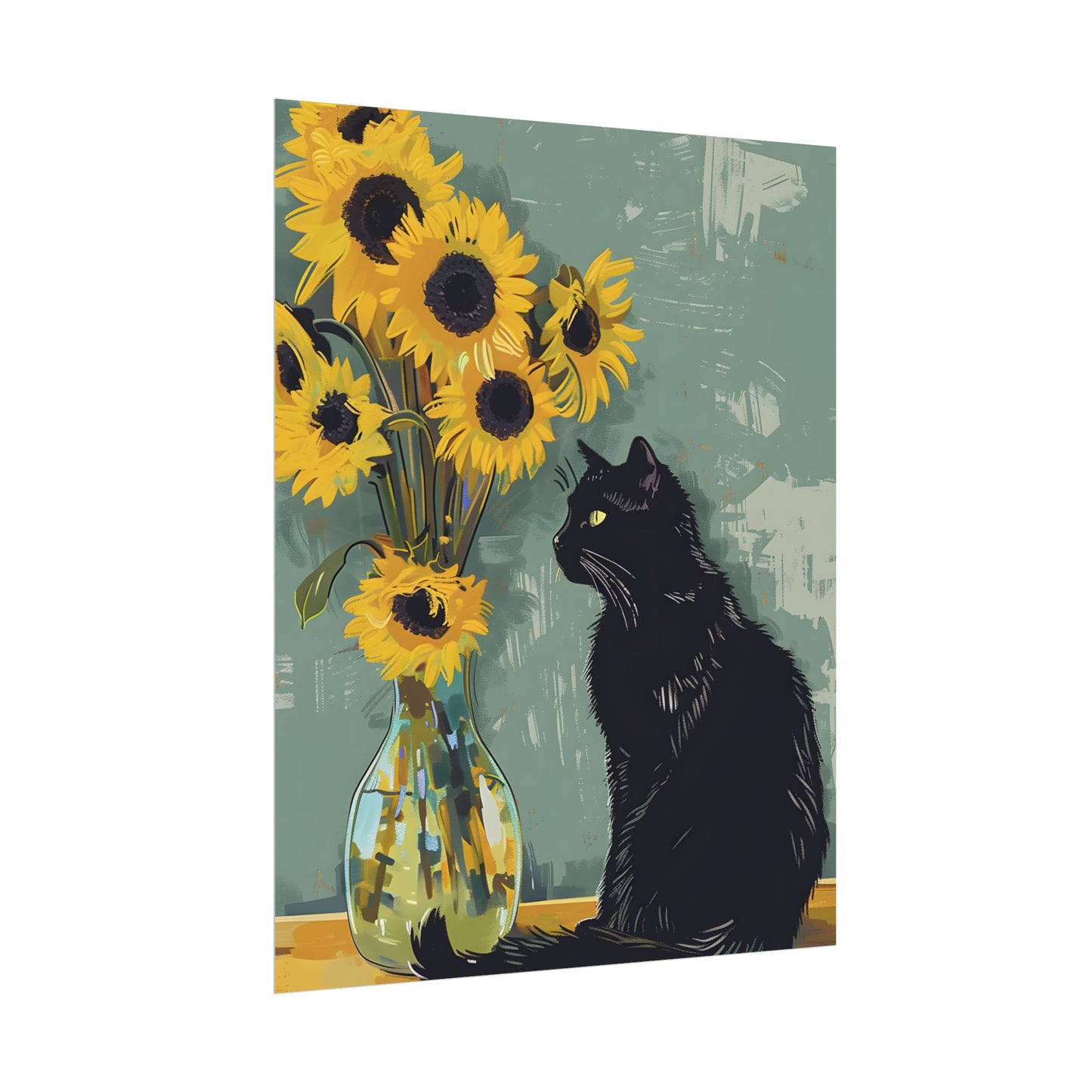 Whispers in the Sun: A Black Cat's Serene Moment with Sunflowers - Poster