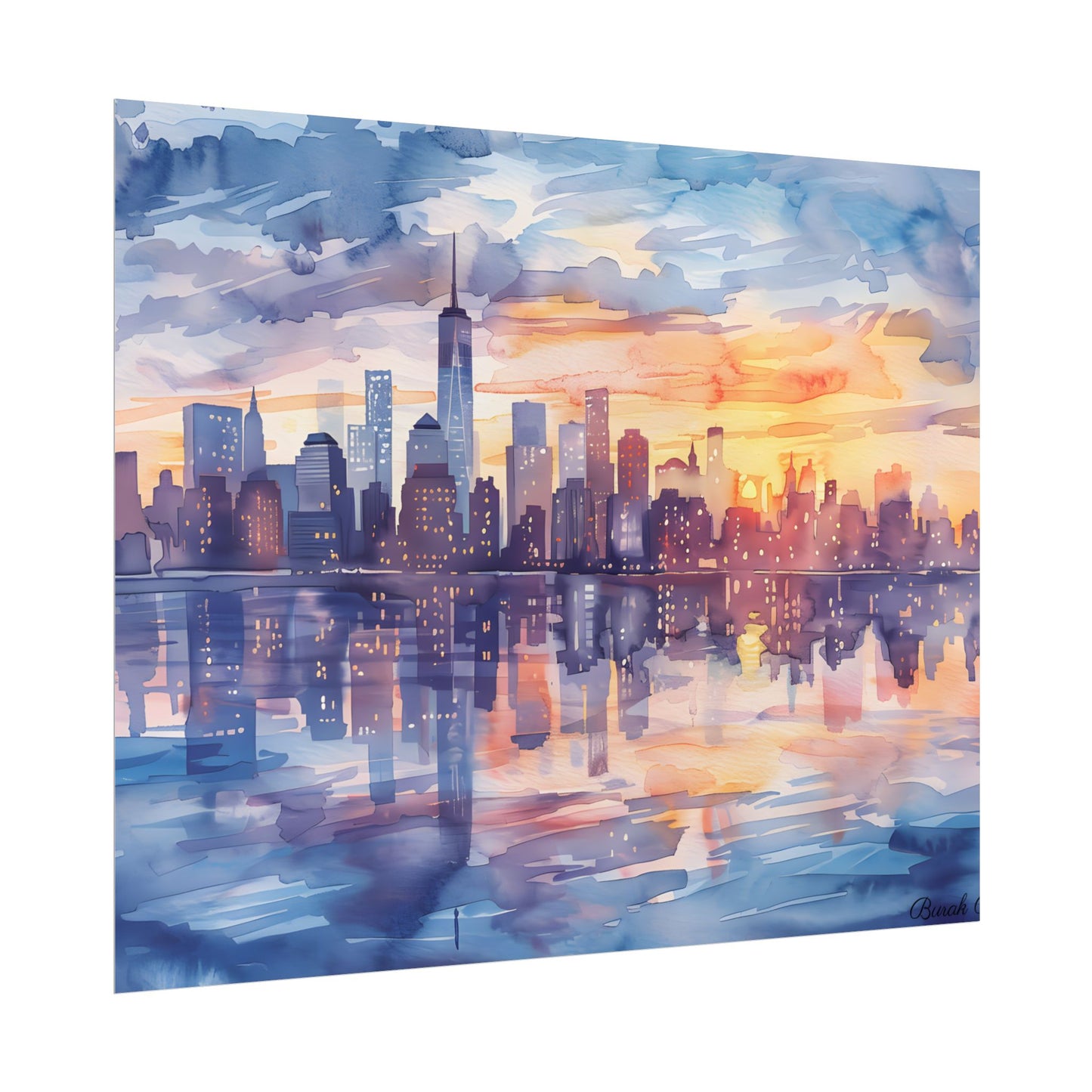 Watercolor New York City Sunset Skyline: Artistic NYC View - Poster