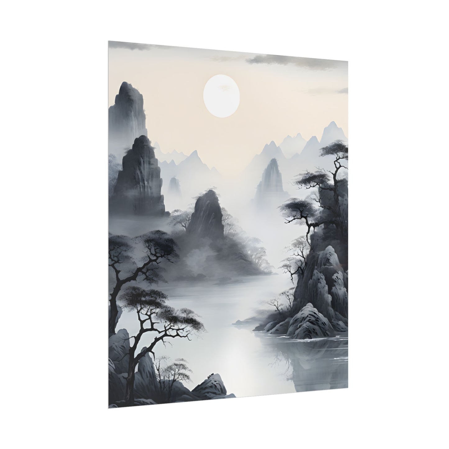 Chinese Ink Serenity: Mirrored Lakes Landscape Art - Poster