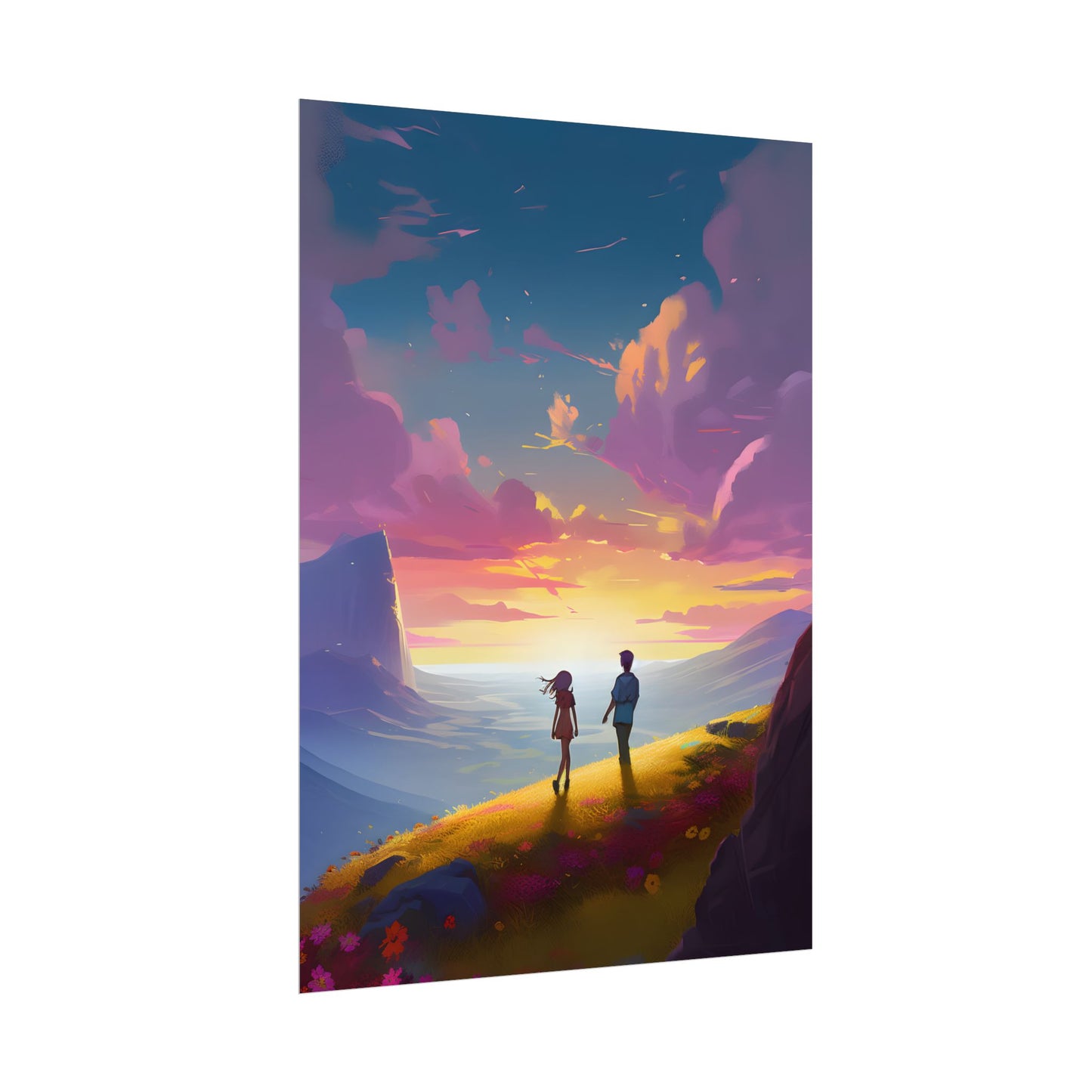 Young Love in a Cloudy Meadow: A Heartwarming Artwork - Poster