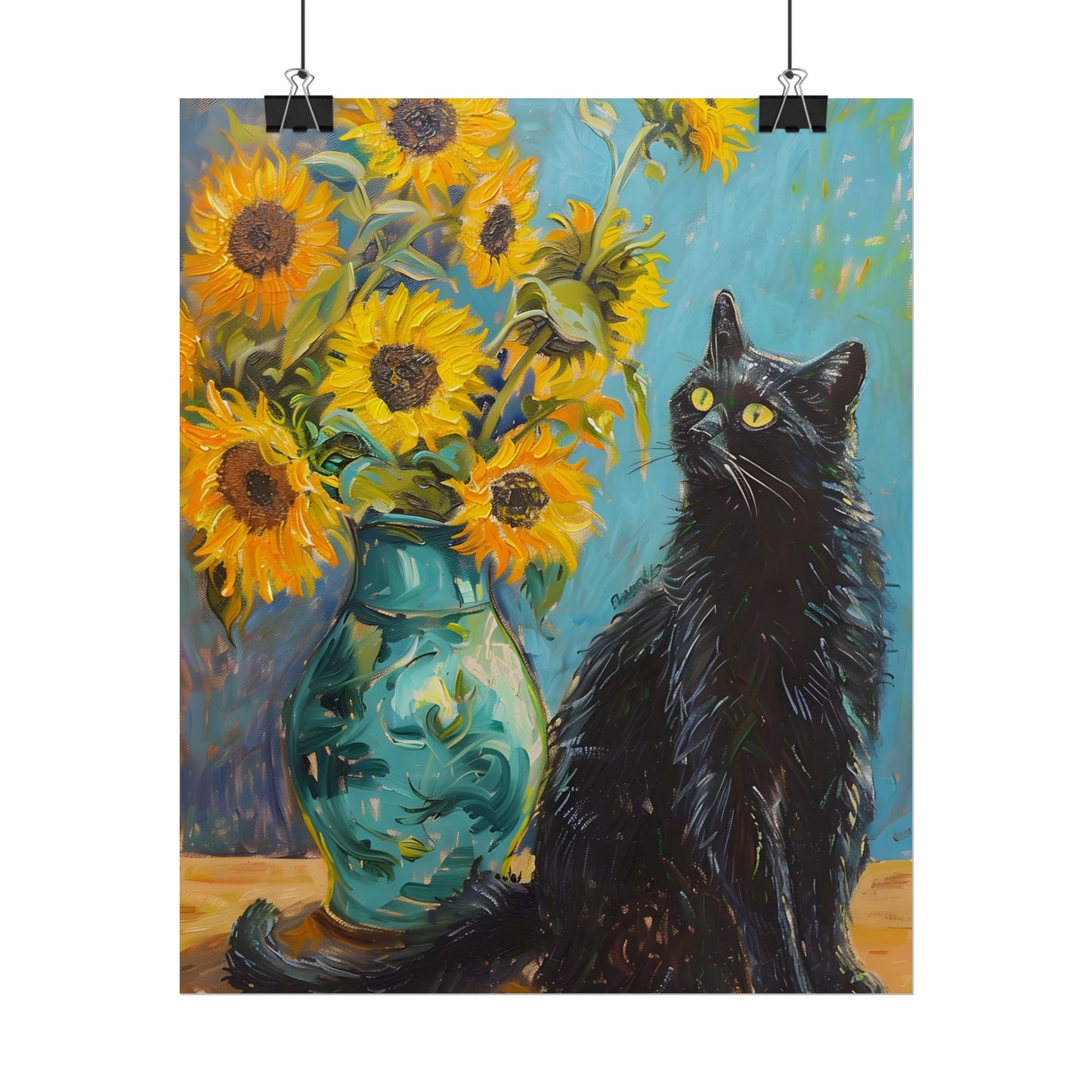 Whispers in the Garden: A Black Cat Among Sunflowers - Poster