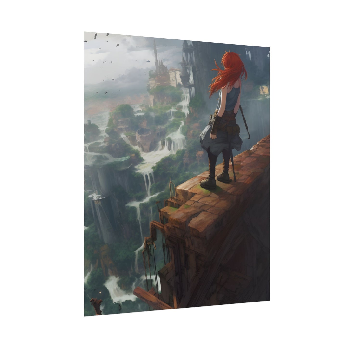 Red Haired Anime Female: Dynamic Birds Eye View Artwork - Poster