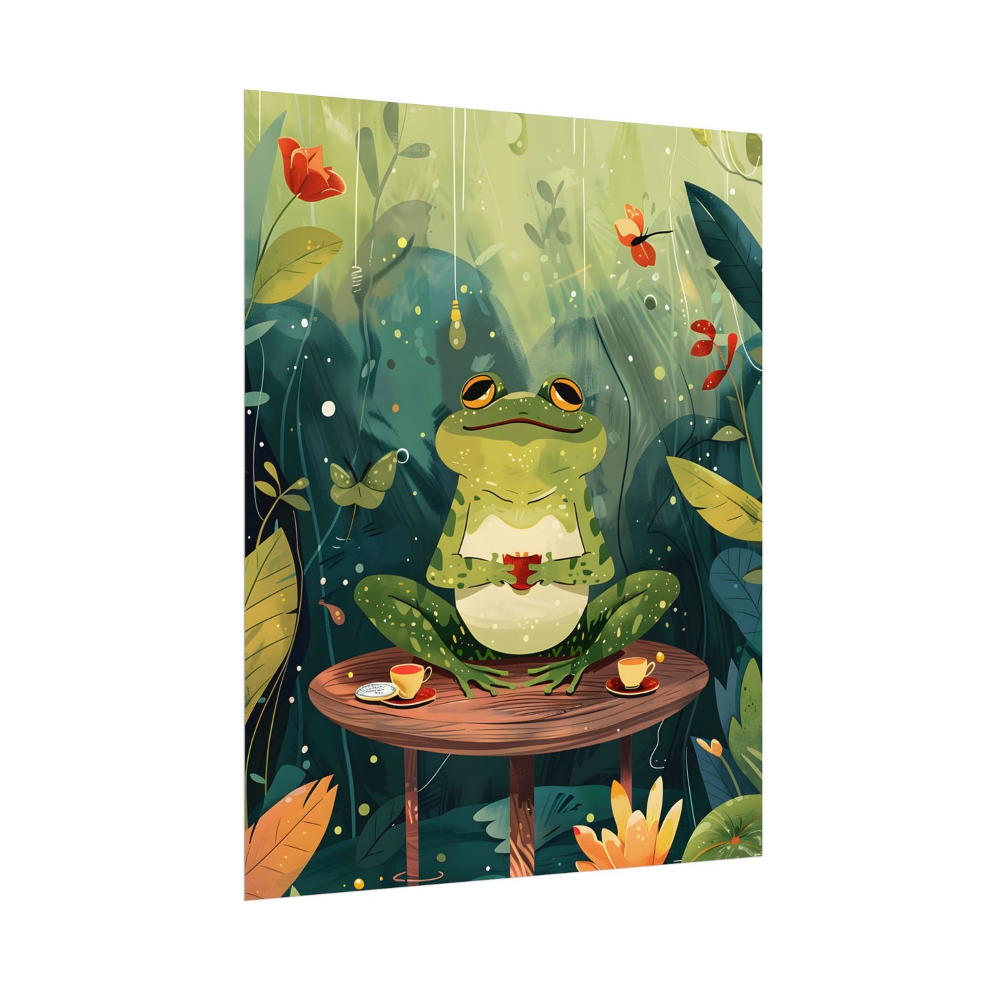 Whimsical Frog on Water: Playful Lily Pad Illustration - Poster
