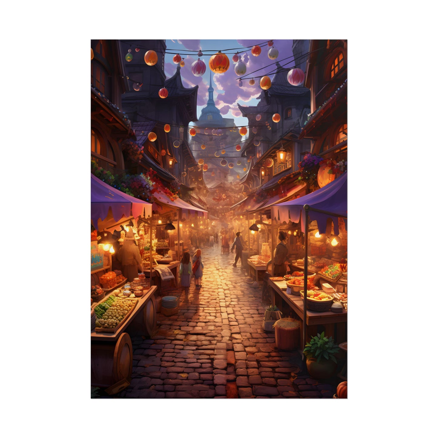 Magical Street Food Market: Vibrant Enchanted Scene Art - Poster